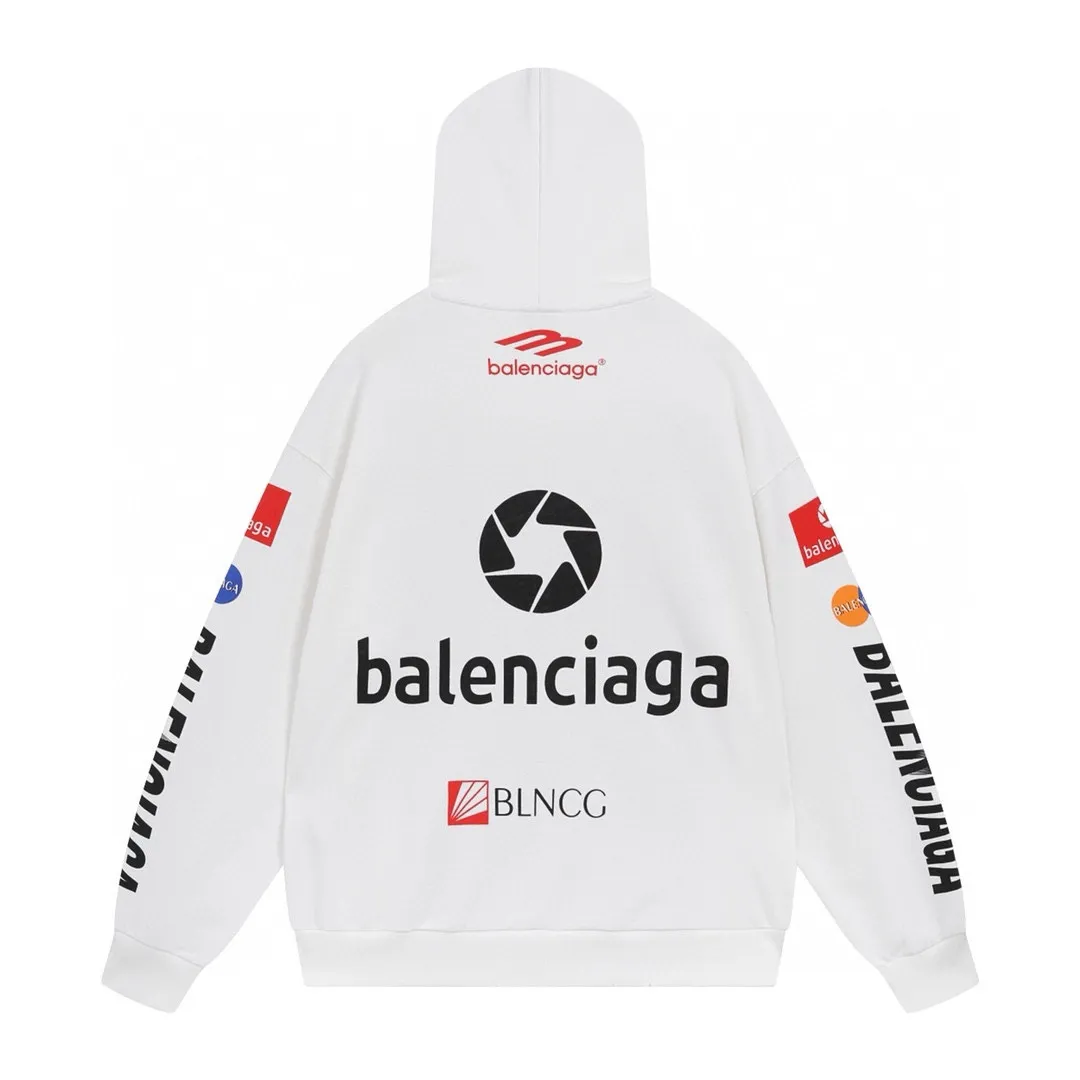 🅿️320 real photos [Top version. Official website quality] BALENCI*GA/Paris BALENCI*GA#2024 latest model, many classic full LOGO racing suits printed ready-to-wear worn hooded sweatshirts and brick cabinets synchronized. Genuine products are developed and developed in the first time. Welcome to compare! The fabric is made of Paris ZP custom-woven and dyed cotton sweatshirt. The weight is 450 grams. The cloth surface is clean. The cloth pattern is clear. It is soft and comfortable. It has good color fastness and is not easy to change color. The threads are woven and dyed with no color difference. The printing is done by computer direct printing, with a three-dimensional effect. The garments are distressed and worn, with ultra-high craftsmanship. The version adopts the OS loose shoulder style. Same style for men and women. Coding: BL238009 Color: white, dark blue gray Size: XS S M L