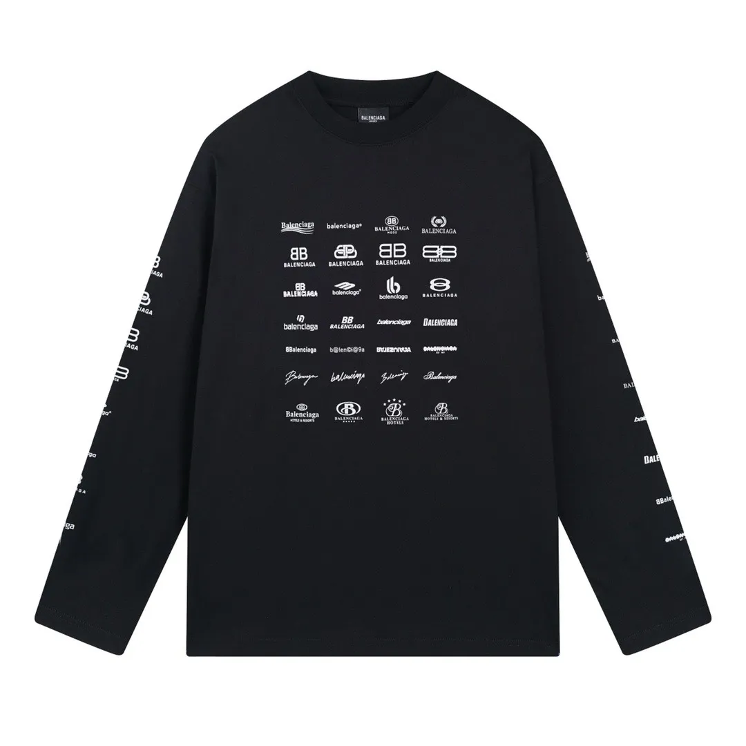 🅿️240 BALENCI*GA Paris full-print LOGO letter style long sleeves. The fabric is made of Paris custom-woven and dyed double yarn pure cotton fabric. The weight is 280g. The thread is custom-woven and dyed without color difference. The front and back panels are made of environmentally friendly dot offset printing. Two high-temperature setting washes. os dropped shoulders and loose version. Same style for men and women -Color: black ivory -SIZE: XS S M L Style No. 8612#