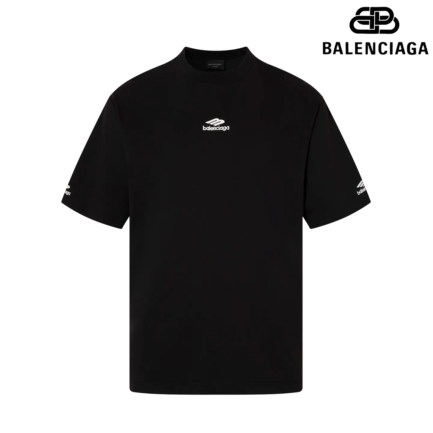 🅿️160 9172# Detailed picture Top version [[BALENCIA*GA] official website quality Paris new ski series 3M classic LOGO embroidered short-sleeved T-shirt OS version Loose dropped shoulders Same style for men and women Fabric: 260 grams 100% cotton double yarn Technology: embroidery on the front left and right sleeves Garment washing Shape solid color Color: black white Size: XS S M L