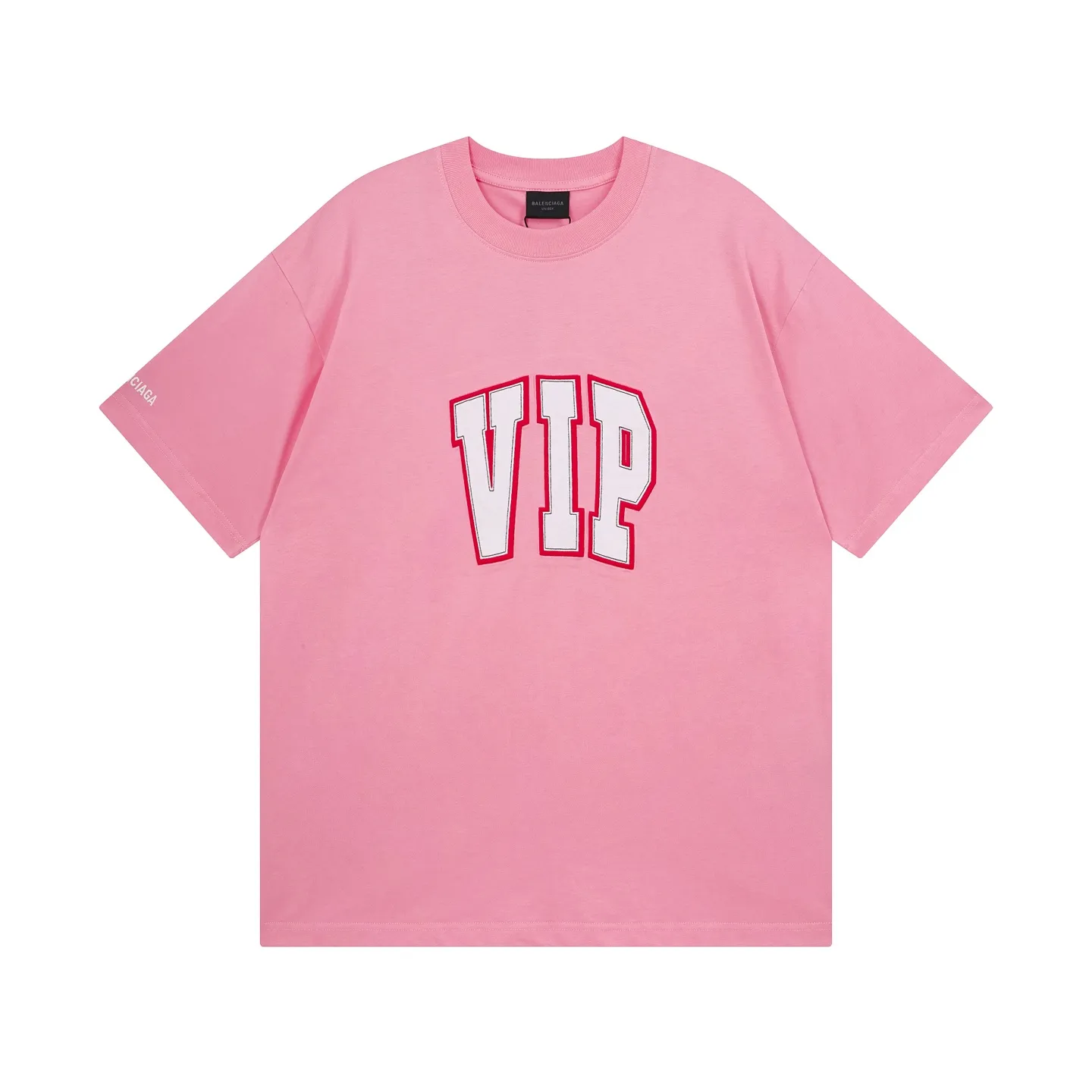 🅿️180 real photos [Top version. Official website quality] BALENCI*GA/Paris #2025 new style VIP letter patch embroidery on the chest, Paris letter LOGO short-sleeved T-shirt embroidered on the right cuff. 2025 spring and summer brick cabinet synchronization welcomes comparison. The fabric is made of Paris ZP custom-woven and dyed cotton double yarn, weighing 260 grams. The cloth surface is clean. The cloth pattern is clear, soft and comfortable. The threads are dyed with no color difference. The letter LOGO is embroidered using imported Tajima embroidery machine. The letters are clear and the effect is three-dimensional. Restore the brick cabinet, adopt OS loose shoulder style. Same style for men and women. Code: BL253702 Color: Pink Size: XS S M L