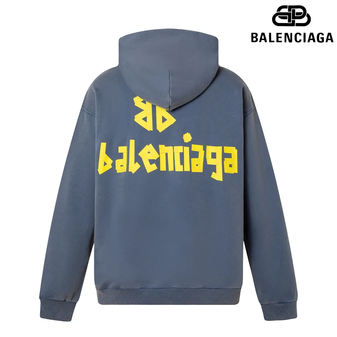 🅿️330 7153# Detail picture Top version [BALENCIA*GA] Official website quality Paris new yellow tape series hooded sweatshirt OS version Loose dropped shoulders Same style for men and women Fabric: 480g 100% cotton terry sweatshirt Process: front and back digital direct printing Garment wash worn distressed fixed color Color: washed black gray blue washed blue Size: XS S M L