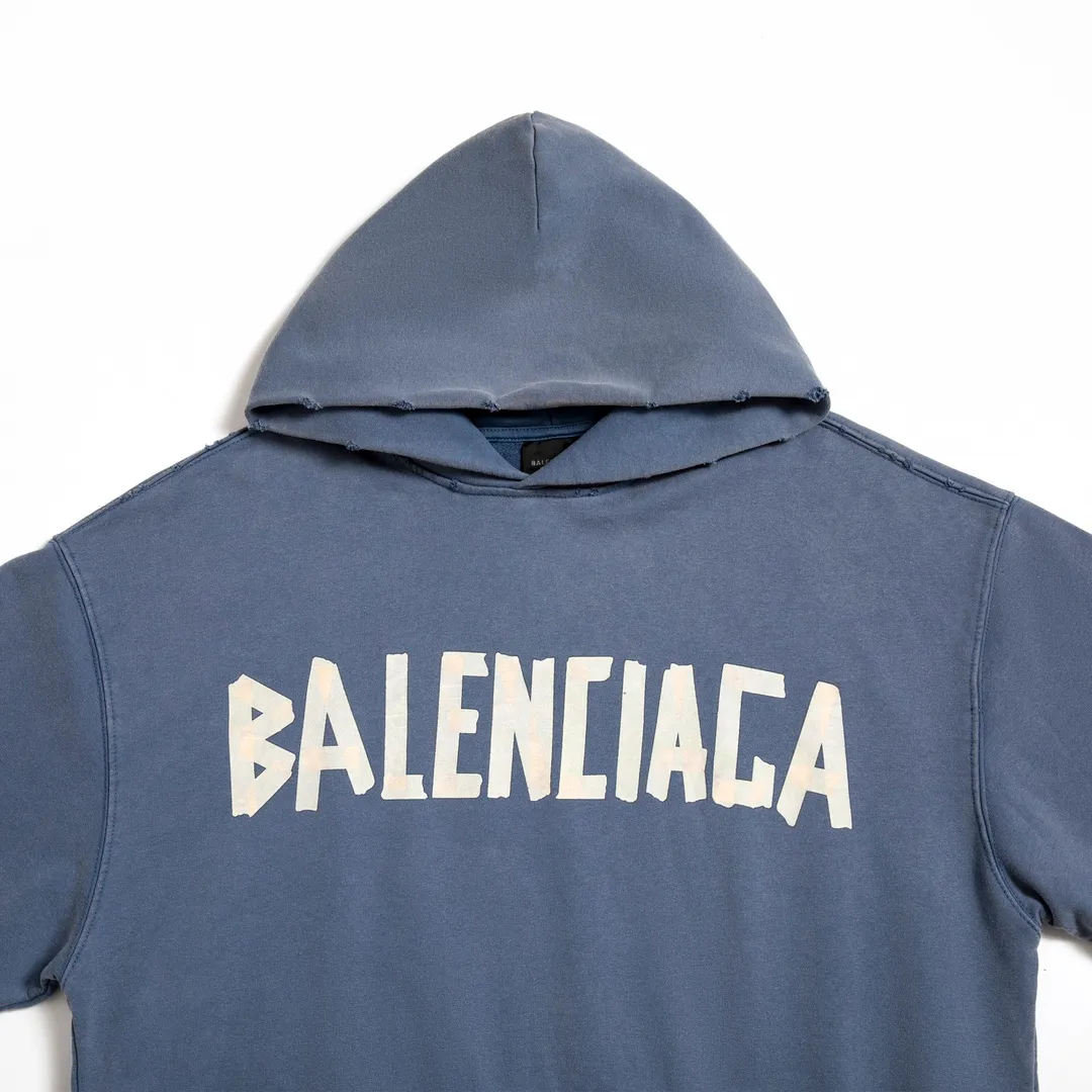 🅿️330 7153# Detail picture Top version [BALENCIA*GA] Official website quality Paris new yellow tape series hooded sweatshirt OS version Loose dropped shoulders Same style for men and women Fabric: 480g 100% cotton terry sweatshirt Process: front and back digital direct printing Garment wash worn distressed fixed color Color: washed black gray blue washed blue Size: XS S M L
