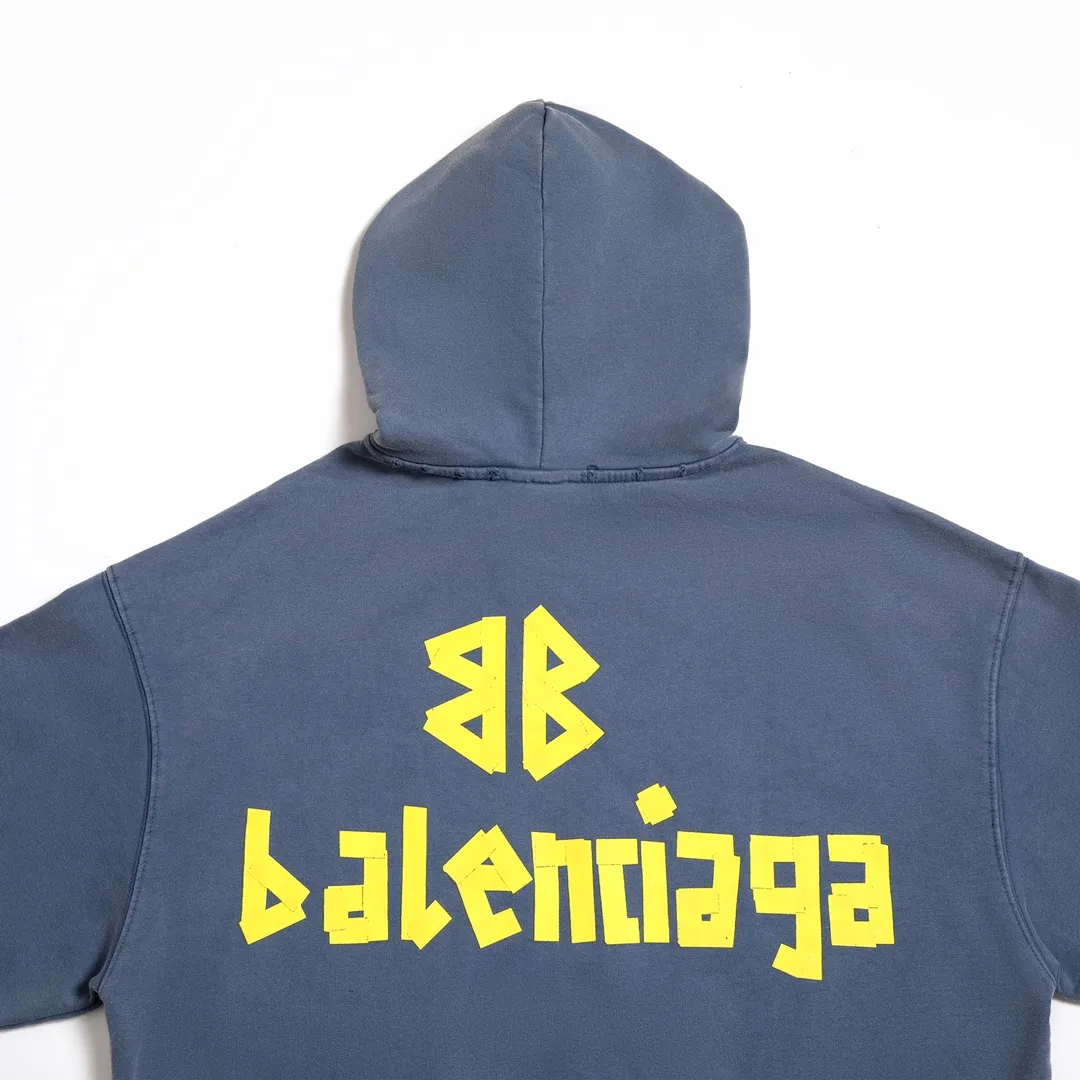 🅿️330 7153# Detail picture Top version [BALENCIA*GA] Official website quality Paris new yellow tape series hooded sweatshirt OS version Loose dropped shoulders Same style for men and women Fabric: 480g 100% cotton terry sweatshirt Process: front and back digital direct printing Garment wash worn distressed fixed color Color: washed black gray blue washed blue Size: XS S M L