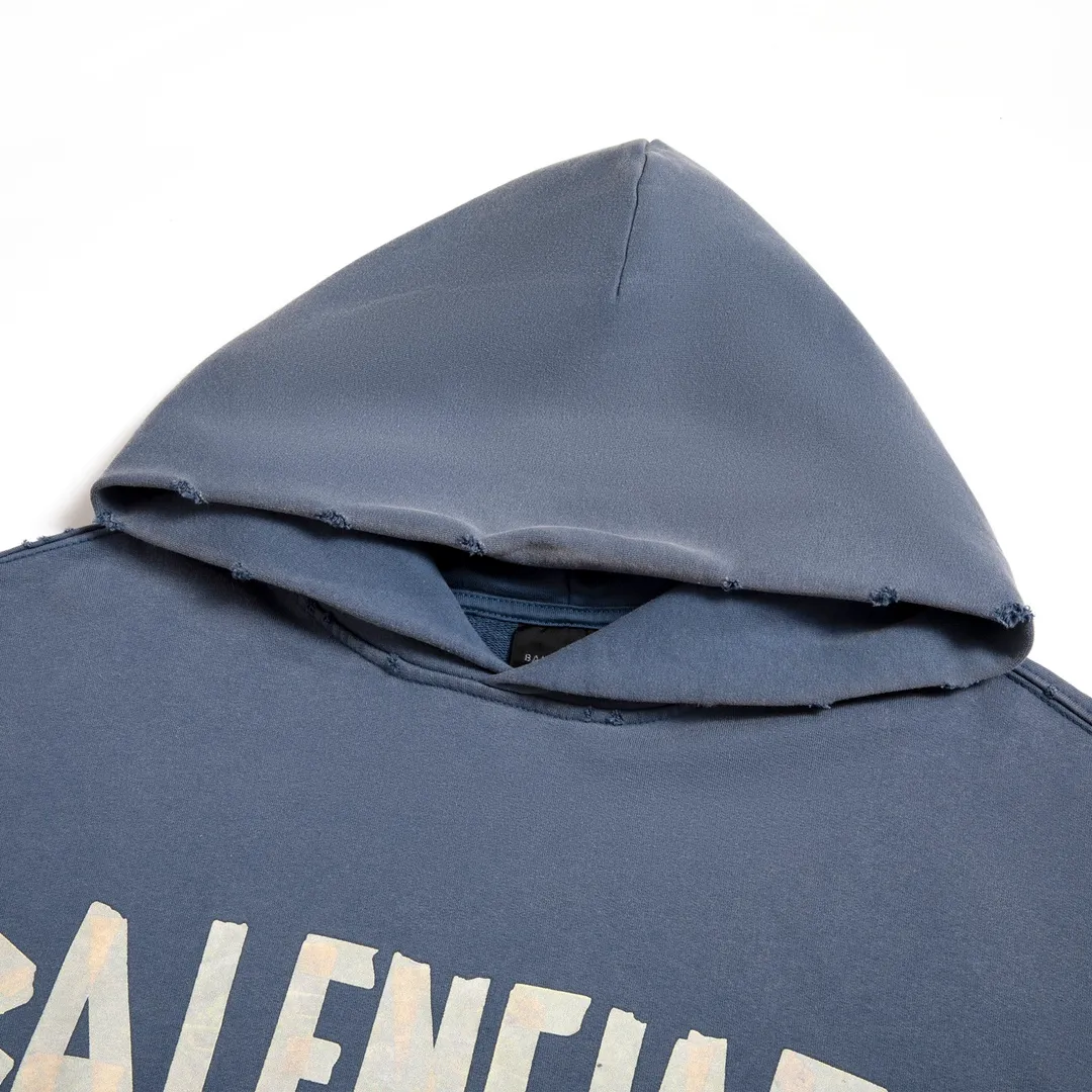 🅿️330 7153# Detail picture Top version [BALENCIA*GA] Official website quality Paris new yellow tape series hooded sweatshirt OS version Loose dropped shoulders Same style for men and women Fabric: 480g 100% cotton terry sweatshirt Process: front and back digital direct printing Garment wash worn distressed fixed color Color: washed black gray blue washed blue Size: XS S M L