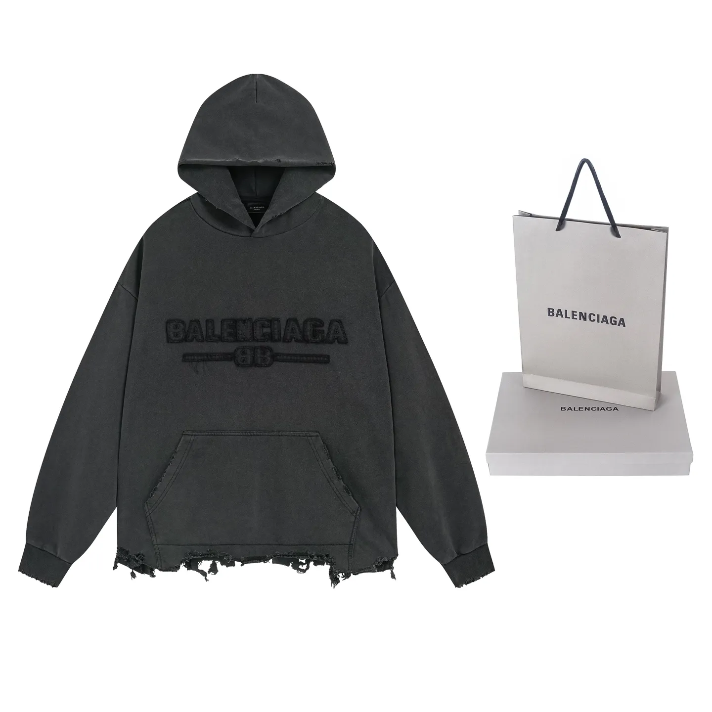 🅿️350 real photos [Top version. Official website quality] BALENCI*GA/Paris #2025 new style washed hooded sweatshirt with letter LOGO chest patch embroidery, ready-to-wear washed, and the hem and cuffs were hand-worn by many people. Full sense of design. Welcome to compare. The fabric is made of Paris ZP custom-woven and dyed cotton. The weight is 460 grams. The cloth surface is clean. The cloth pattern is clear, soft and comfortable. The threads are dyed with no color difference. The classic letter LOGO is embroidered with imported Tajima embroidery machine. The effect is three-dimensional. Restore brick cabinet, adopt OS loose shoulder style. Same style for men and women. Code: BL259919 Color: washed black Size: XS S M L