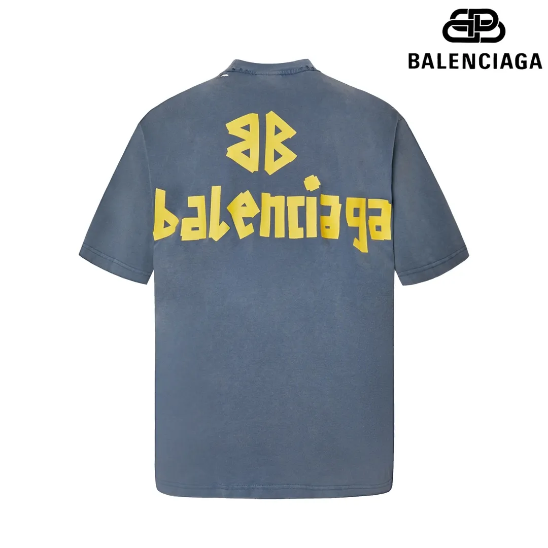 🅿️180 9110# Detailed picture Top version [[BALENCIA*GA] Official website quality Paris new yellow tape bandage digital direct spray short-sleeved T-shirt OS version Loose dropped shoulders Same style for men and women Fabric: 260 grams 100% cotton double yarn Process: Front and rear digital direct spray Garment wash Frayed Distressed Styling Solid color Color: gray blue white washed blue burgundy green black silver Rose Red Khaki Size: XS S M L