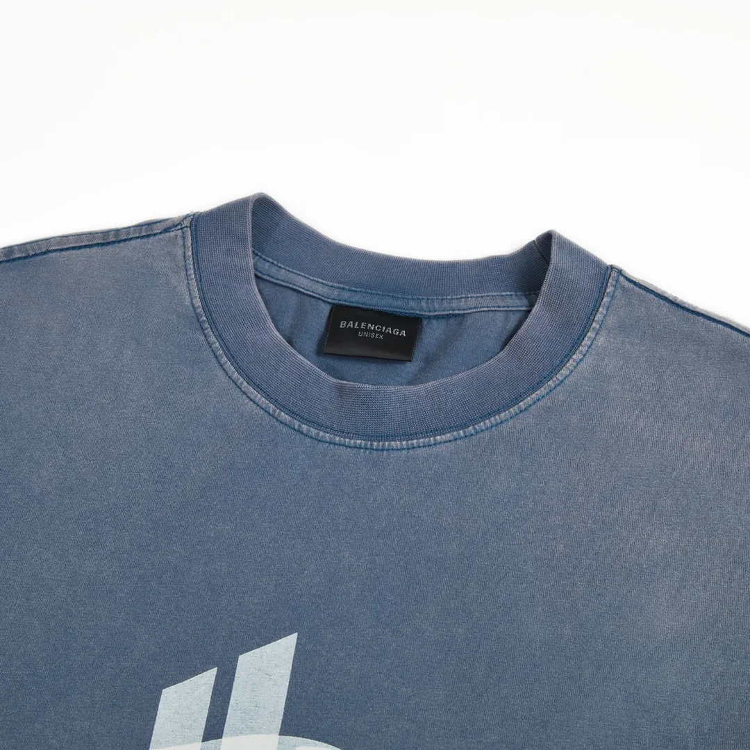 🅿️170 9115# Detailed picture Top version [[BALENCIA*GA] official website quality Paris new phantom double LOGO printed short-sleeved T-shirt OS version Loose dropped shoulders Unisex style Fabric: 260g 100% cotton double yarn Process: front and rear panel printing Garment wash Distressed solid color Color: washed blue Size: XS S M L