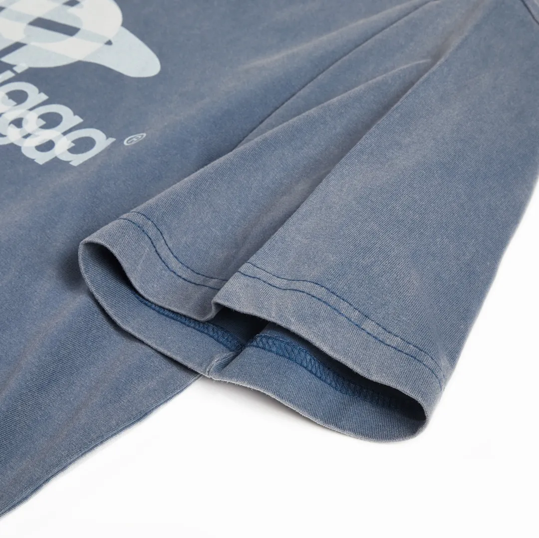 🅿️170 9115# Detailed picture Top version [[BALENCIA*GA] official website quality Paris new phantom double LOGO printed short-sleeved T-shirt OS version Loose dropped shoulders Unisex style Fabric: 260g 100% cotton double yarn Process: front and rear panel printing Garment wash Distressed solid color Color: washed blue Size: XS S M L