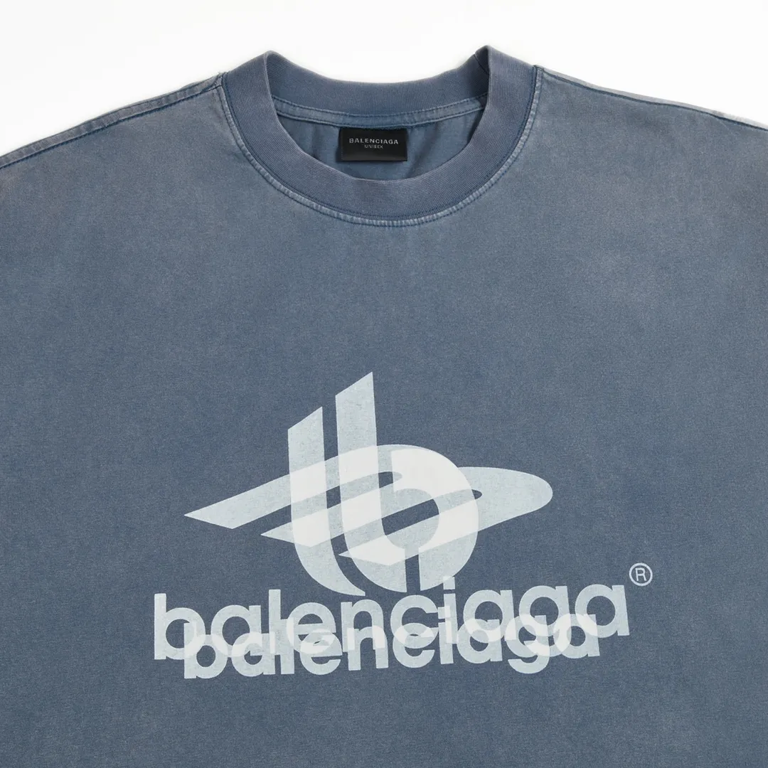 🅿️170 9115# Detailed picture Top version [[BALENCIA*GA] official website quality Paris new phantom double LOGO printed short-sleeved T-shirt OS version Loose dropped shoulders Unisex style Fabric: 260g 100% cotton double yarn Process: front and rear panel printing Garment wash Distressed solid color Color: washed blue Size: XS S M L