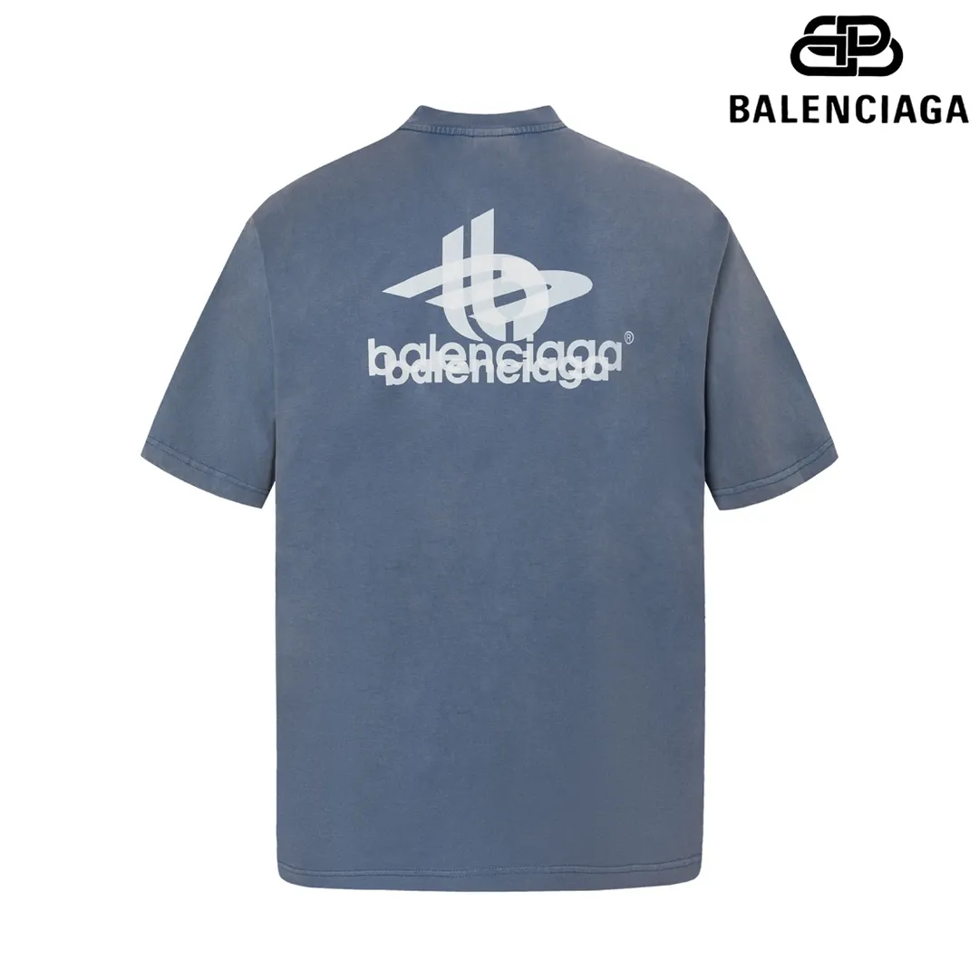 🅿️170 9115# Detailed picture Top version [[BALENCIA*GA] official website quality Paris new phantom double LOGO printed short-sleeved T-shirt OS version Loose dropped shoulders Unisex style Fabric: 260g 100% cotton double yarn Process: front and rear panel printing Garment wash Distressed solid color Color: washed blue Size: XS S M L