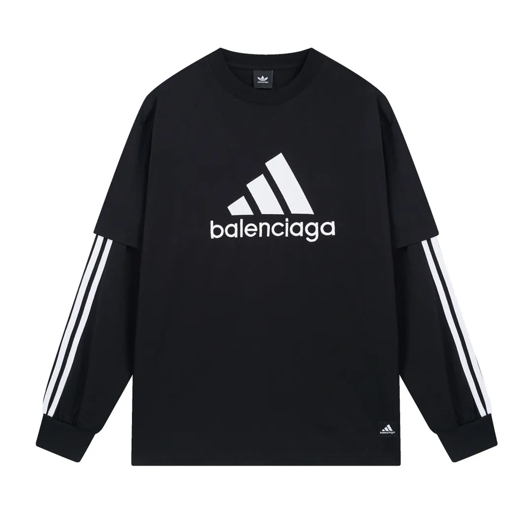🅿️226 Detailed picture [Top version. Official website quality] BALENCI*GA/Paris co-branded Adidas classic LOGO combination on the front, embroidered long-sleeved T-shirt# The fabric is made of Paris ZP custom-woven and dyed cotton double yarn. Weighing 260 grams, the cloth surface is clean. The cloth pattern is clear, soft and comfortable. The color fastness is good. It is not easy to change color. The threads are dyed with no color difference. The classic letter LOGO embroidery is embroidered using imported Tajima embroidery machine. The lines are clear and the effect is three-dimensional. Restored brick cabinets. The version adopts OS loose shoulder design. Same style for men and women. Code: BL225030 Color: white, black Size: XS S M L