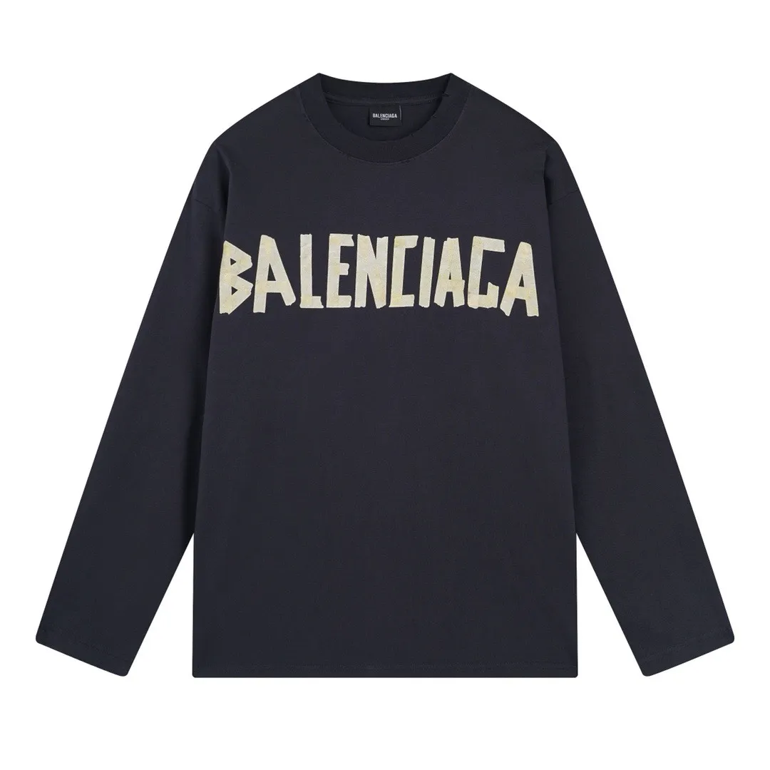 🅿️250 BALENCI*GA Paris tape series printed washed distressed long sleeves. The fabric is made of 280g Paris-specific double yarns*high weight 1:1 double yarn rib. The front and rear panels are made of imported Kornray machine direct-injection printing technology. Distressing + multi-position cutting and wear-making process. Two high-temperature shaping washes. os dropped shoulders and loose version. Same style for men and women -Color: off-white, iron gray, burgundy, green, black blue, fog blue -SIZE: XS S M L style number 8602#