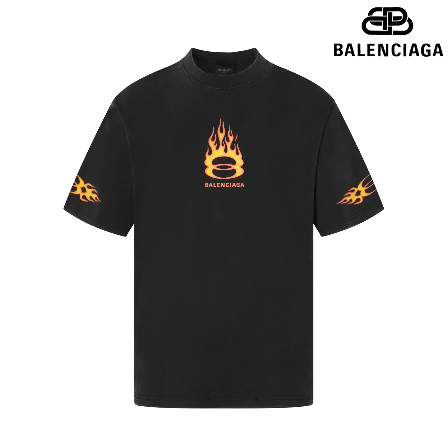 🅿️190 9145# Detailed picture Top version [[BALENCIA*GA] official website quality Paris new double-ring flame torch direct injection printed washed and distressed short-sleeved T-shirt OS version Loose dropped shoulders Unisex fabric: 260 grams 100% cotton double yarn Process: front and rear panels left and right sleeve printing Garment washed worn distressed fixed color Color: washed black washed blue Size: XS S M L