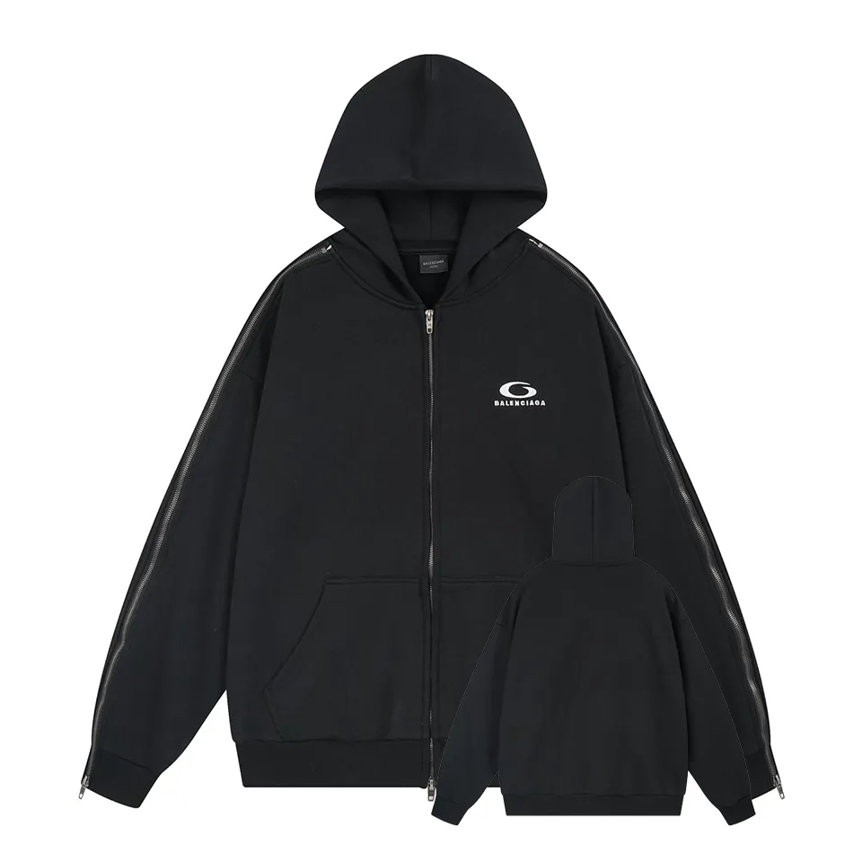 🅿️490 BALENCI*GA Paris shoulder embroidery splicing zipper style hooded zipper sweatshirt. The front embroidery is embroidered with an imported Tajima embroidery machine. The shoulder sleeves are spliced zipper technology. Overweight craftsmanship. Customized matching hardware. Clear letters. Three-dimensional effect. Exclusively pattern-woven and dyed 460g fabric. Threads are dyed in the same cylinder with zero color difference. Brick cabinet synchronization. Welcome to compare. Same style for men and women -Color: black -SIZE: Xs S M L style number 8992#