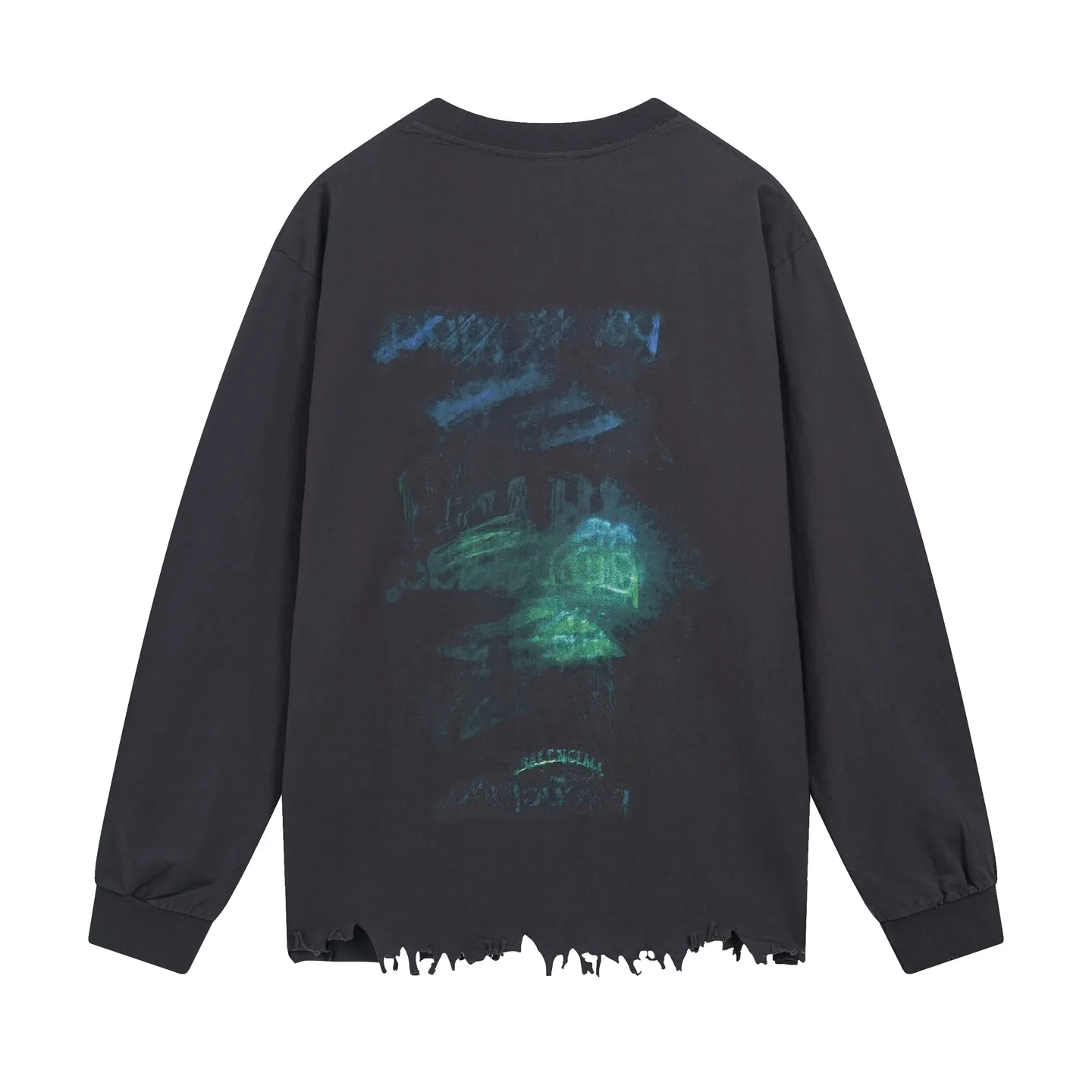 🅿️270 - BALENCI*GA 25 Paris blurred pattern white ink direct-injection long-sleeved T-shirt. The printing uses white ink digital direct-injection. Ready-made garments are washed. Handmade master positioning and worn. The hem is distressed. Overweight craftsmanship. The letters are clear. The effect is three-dimensional. Exclusively pattern-woven and dyed 280g fabric. Threads are dyed in the same cylinder with zero color difference. The version adopts OS loose shoulder version. Welcome to compare. Same style for men and women -Color: gray blue -SIZE: Xs S M L style number 8639#