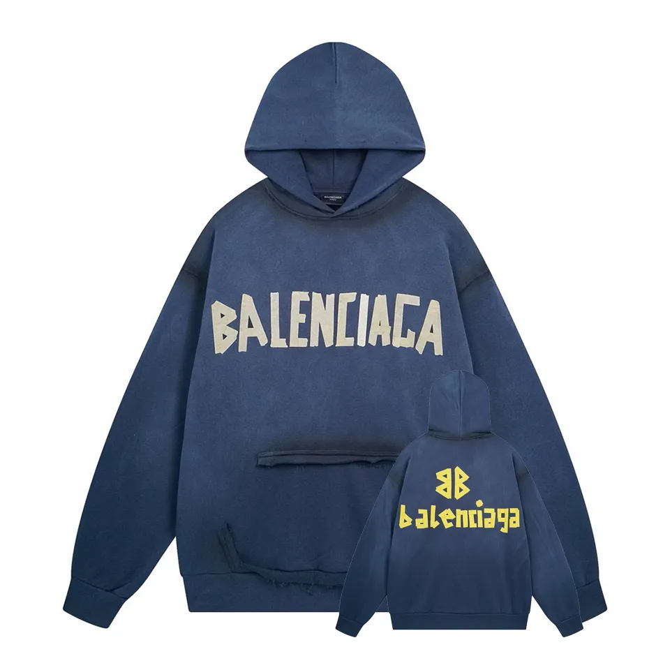 🅿️420 BALENCI*GA 24ss Paris hot-selling tape hooded sweatshirt. The front and back panels are printed with tape direct printing. Many hand-made. The ready-made garments are washed and worn. The cloth surface is clean. The cloth pattern is clear, super heavy work. Soft and comfortable. Exclusively pattern-woven and dyed 450g fabric. The threads are dyed in the same cylinder with zero color difference. Different from the market currency. The version adopts os loose shoulder version. Welcome to compare. Same style for men and women -Color: iron gray blue Paris blue washed black burgundy fluorescent yellow green khaki -SIZE: XS S M L style number 8912#
