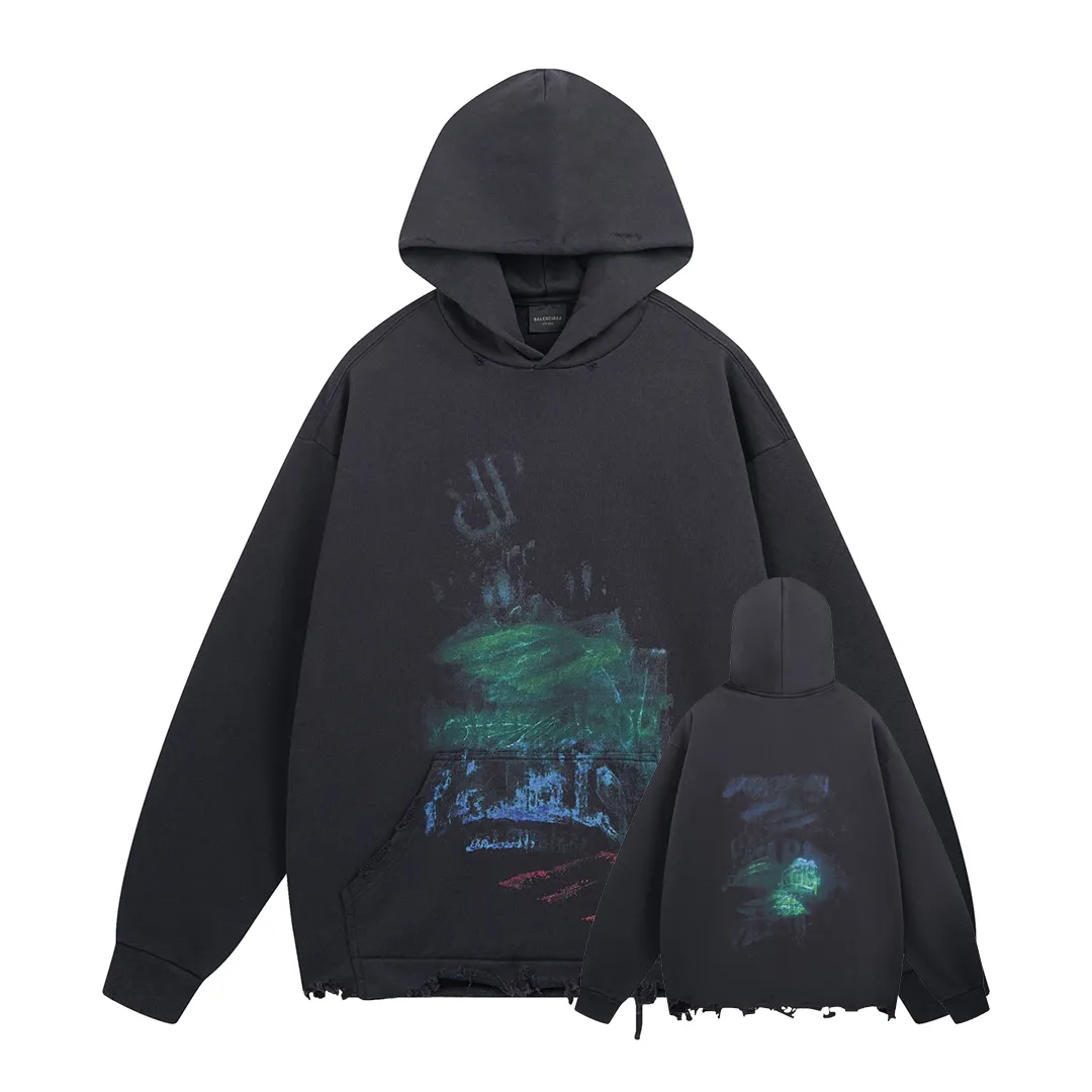 🅿️390 BALENCI*GA Paris' latest fuzzy pattern white ink direct-injection hooded long-sleeved sweatshirt. The front printing is printed with white ink computer direct-injection. The master manually positions and hand-grinds the fixed points. The ready-made garments are washed and worn. Overweight craftsmanship. The effect is three-dimensional. Exclusively patterned and custom-woven and dyed 460g fabric. Threads are dyed in the same vat with zero color difference. Brick cabinet synchronization. Welcome to compare. Same style for men and women -Color: gray blue -SIZE: Xs S M L style number 8959#