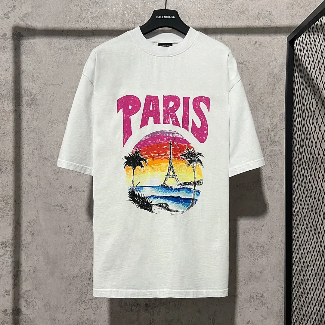 🅿️170 9125# Real shot Top version [[BALENCIA*GA] official website quality Paris' new Hawaiian Sunset Coconut Tower LOGI printed short-sleeved T-shirt OS version Loose off-shoulder Unisex fabric: 260g 100% cotton double yarn Technology: front and back printing Garment washing Shape solid color Color: black white Size: XS S M L