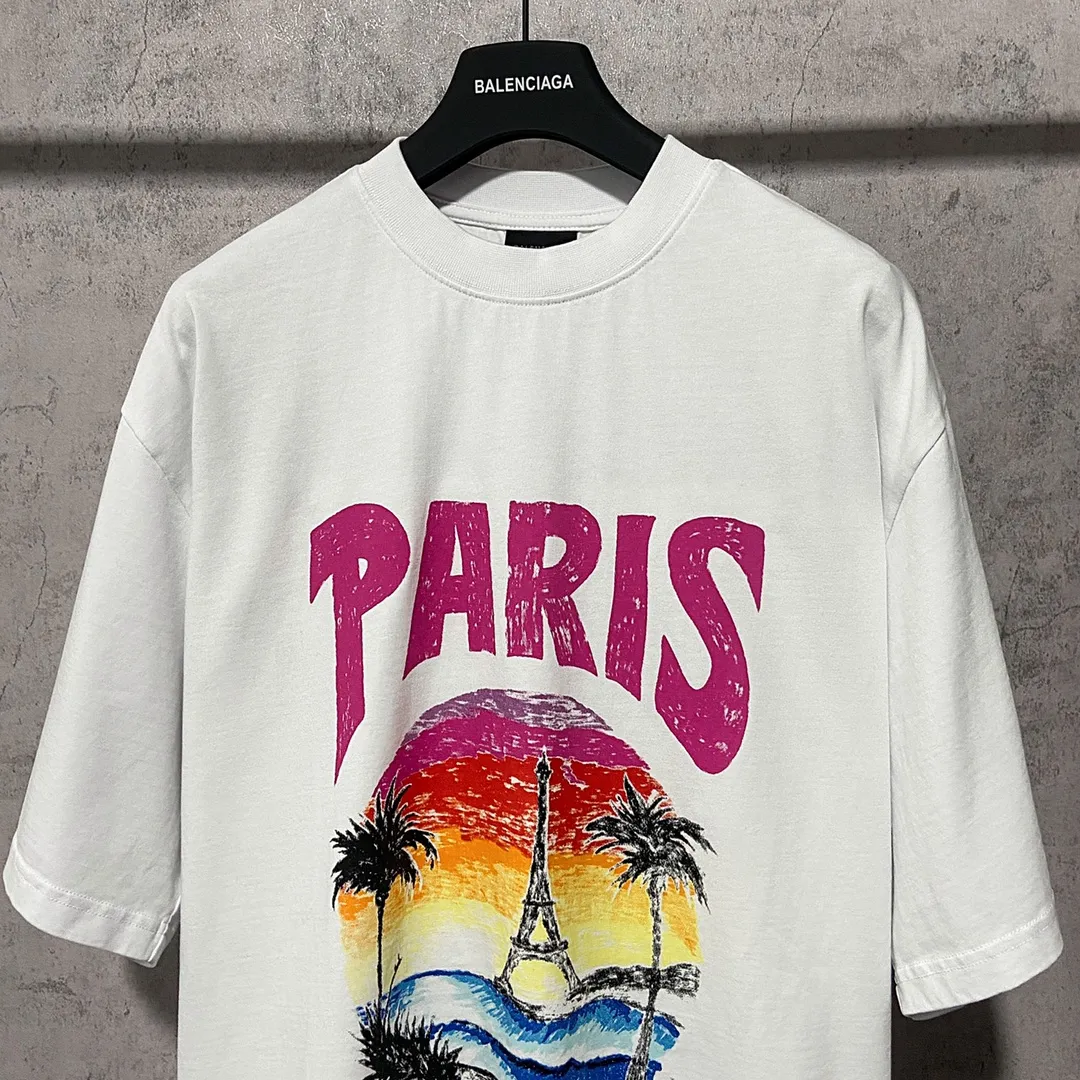 🅿️170 9125# Real shot Top version [[BALENCIA*GA] official website quality Paris' new Hawaiian Sunset Coconut Tower LOGI printed short-sleeved T-shirt OS version Loose off-shoulder Unisex fabric: 260g 100% cotton double yarn Technology: front and back printing Garment washing Shape solid color Color: black white Size: XS S M L