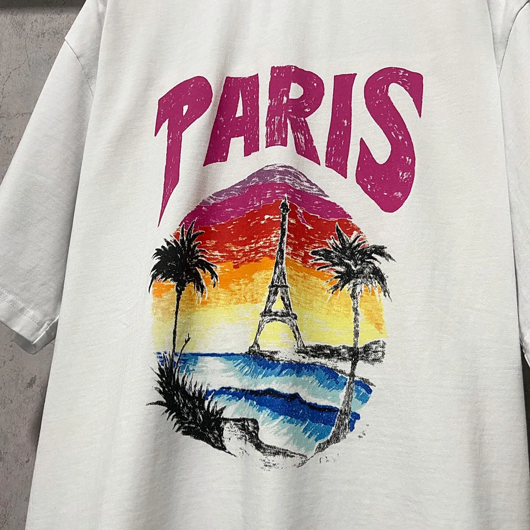 🅿️170 9125# Real shot Top version [[BALENCIA*GA] official website quality Paris' new Hawaiian Sunset Coconut Tower LOGI printed short-sleeved T-shirt OS version Loose off-shoulder Unisex fabric: 260g 100% cotton double yarn Technology: front and back printing Garment washing Shape solid color Color: black white Size: XS S M L