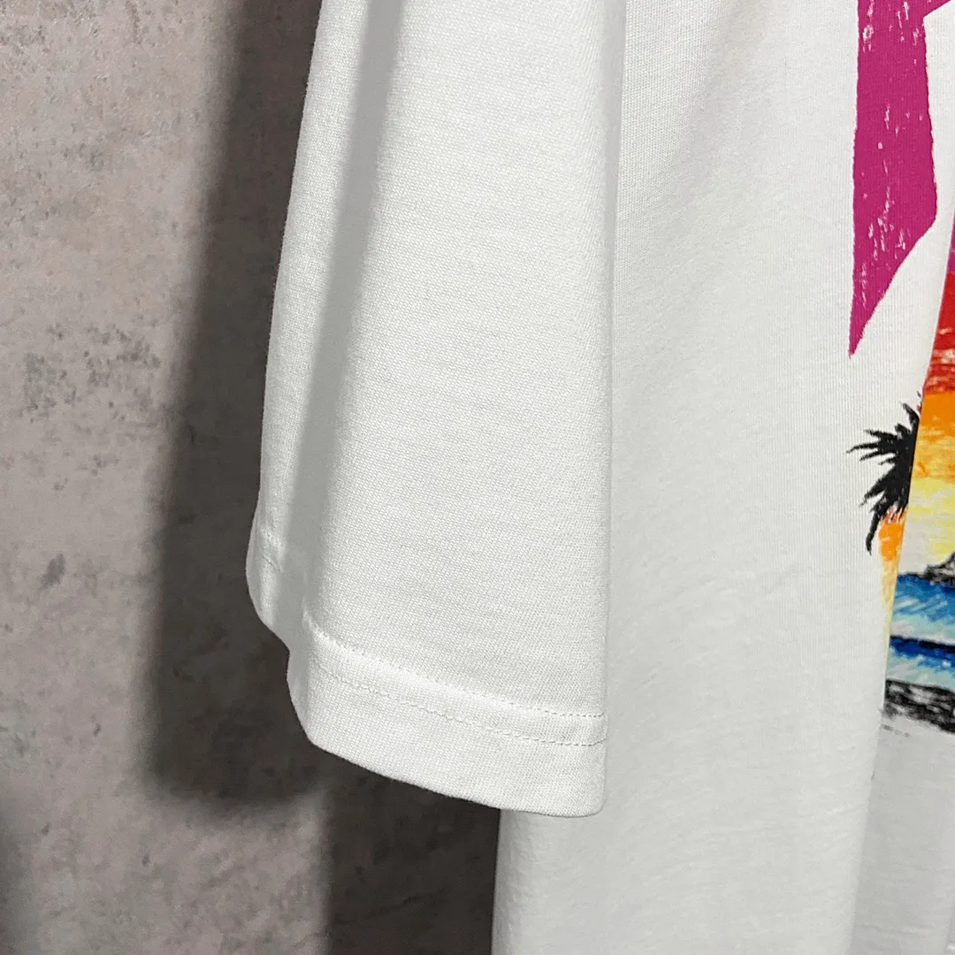 🅿️170 9125# Real shot Top version [[BALENCIA*GA] official website quality Paris' new Hawaiian Sunset Coconut Tower LOGI printed short-sleeved T-shirt OS version Loose off-shoulder Unisex fabric: 260g 100% cotton double yarn Technology: front and back printing Garment washing Shape solid color Color: black white Size: XS S M L