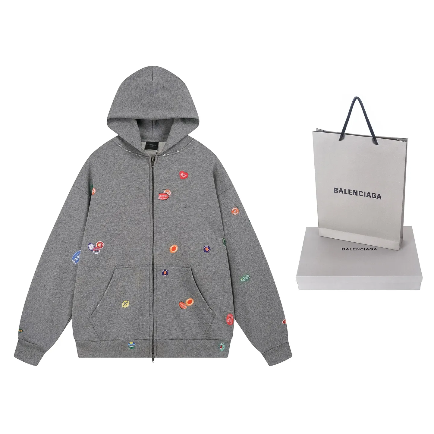🅿️420 Real photos [Top version. Official website quality] BALENCI*GA/Paris #2025 autumn and winter new style. Fruit pattern Vintage all over embossed washed and distressed hooded sweatshirt. The fabric is made of Paris ZP custom-woven and dyed cotton sweatshirt. Weighing 460 grams, the cloth surface is clean. The cloth pattern is clear, soft and comfortable. The threads are dyed with no color difference. The pattern printing uses environmentally friendly imported glue and computer inkjet printing. The pattern is clear, no burrs, and has a strong three-dimensional effect. The garments are washed and worn. All colors are synchronized with the brick cabinets, custom woven and dyed, and will not fade. Different market currencies. The version adopts OS loose shoulder design. Same style for men and women. Code: BL259907 Color: floral gray, pink Size: XS S M L