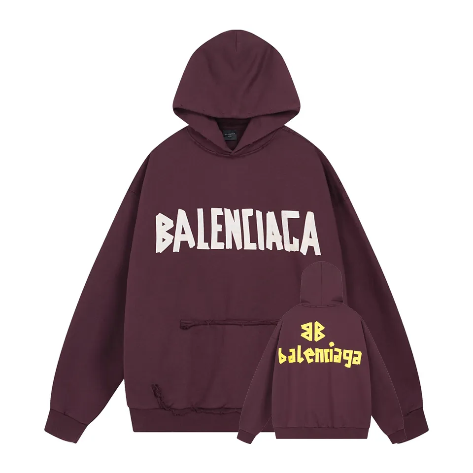 🅿️420 BALENCI*GA 24ss Paris hot-selling tape hooded sweatshirt. The front and back panels are printed with tape direct printing. Many hand-made. The ready-made garments are washed and worn. The cloth surface is clean. The cloth pattern is clear, super heavy work. Soft and comfortable. Exclusively pattern-woven and dyed 450g fabric. The threads are dyed in the same cylinder with zero color difference. Different from the market currency. The version adopts os loose shoulder version. Welcome to compare. Same style for men and women -Color: iron gray blue Paris blue washed black burgundy fluorescent yellow green khaki -SIZE: XS S M L style number 8912#