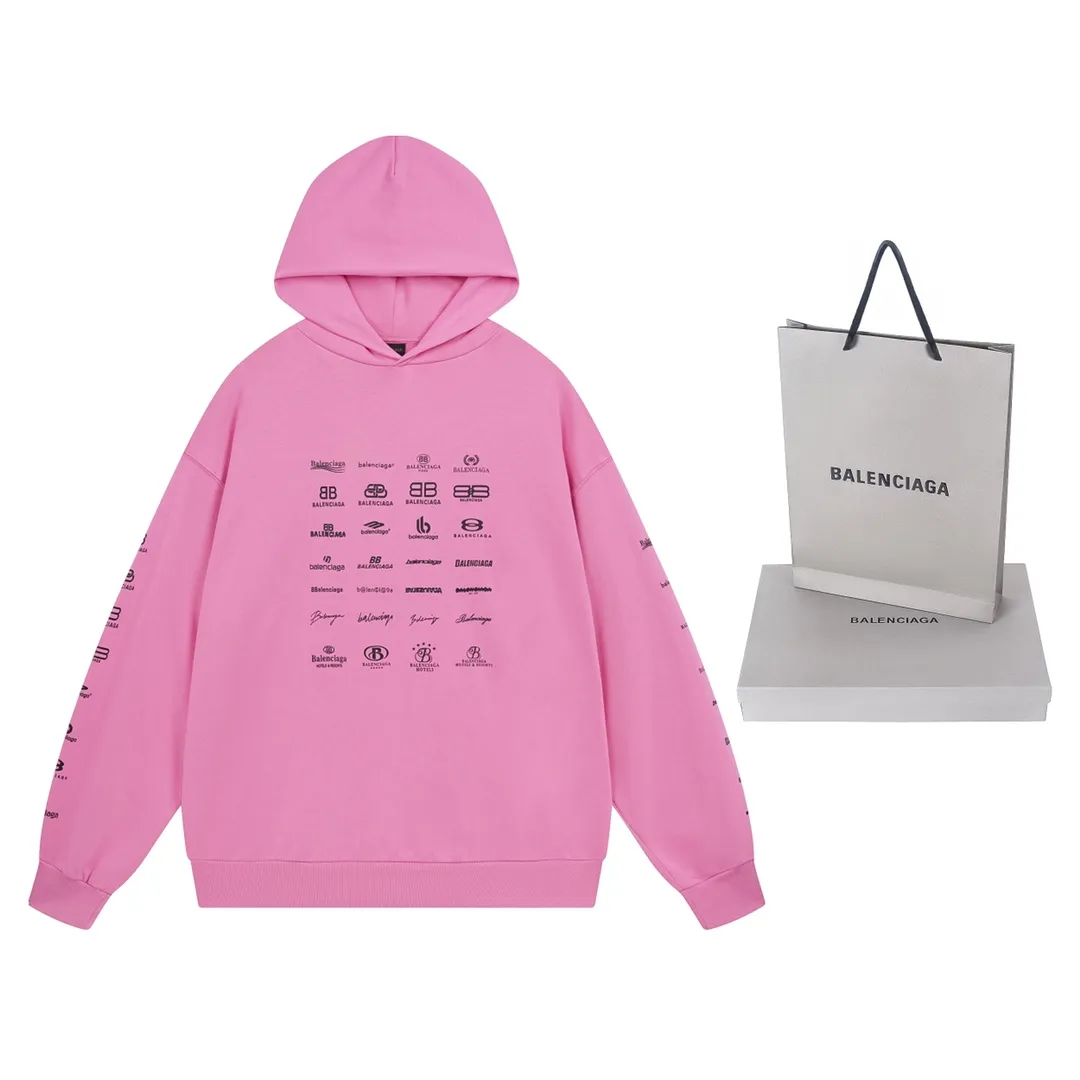 🅿️300 Detailed picture [Top version. Official website quality] BALENCI*GA/Paris BALENCI*GA#2023 spring and summer new style, long-sleeved sweatshirt with classic LOGO printed all over it. 2023 autumn and winter new product. Brick cabinet synchronization. The fabric is made of Paris ZP custom-woven and dyed cotton double yarn sweatshirt. The weight is 450 grams, the cloth surface is clean. The cloth texture is clear. Soft and comfortable. Good color fastness. Not easy to change color. The threads are woven and dyed with no color difference. The printing uses imported environmentally friendly rubber paddles, precision stencils, fine LOGO letters, clear letters, no burrs, and a three-dimensional effect. Restore brick cabinet. The version adopts OS loose shoulder style. Same style for men and women. Code: BL238002 Color: black, beige, pink, smoke gray. Size: XS S M L