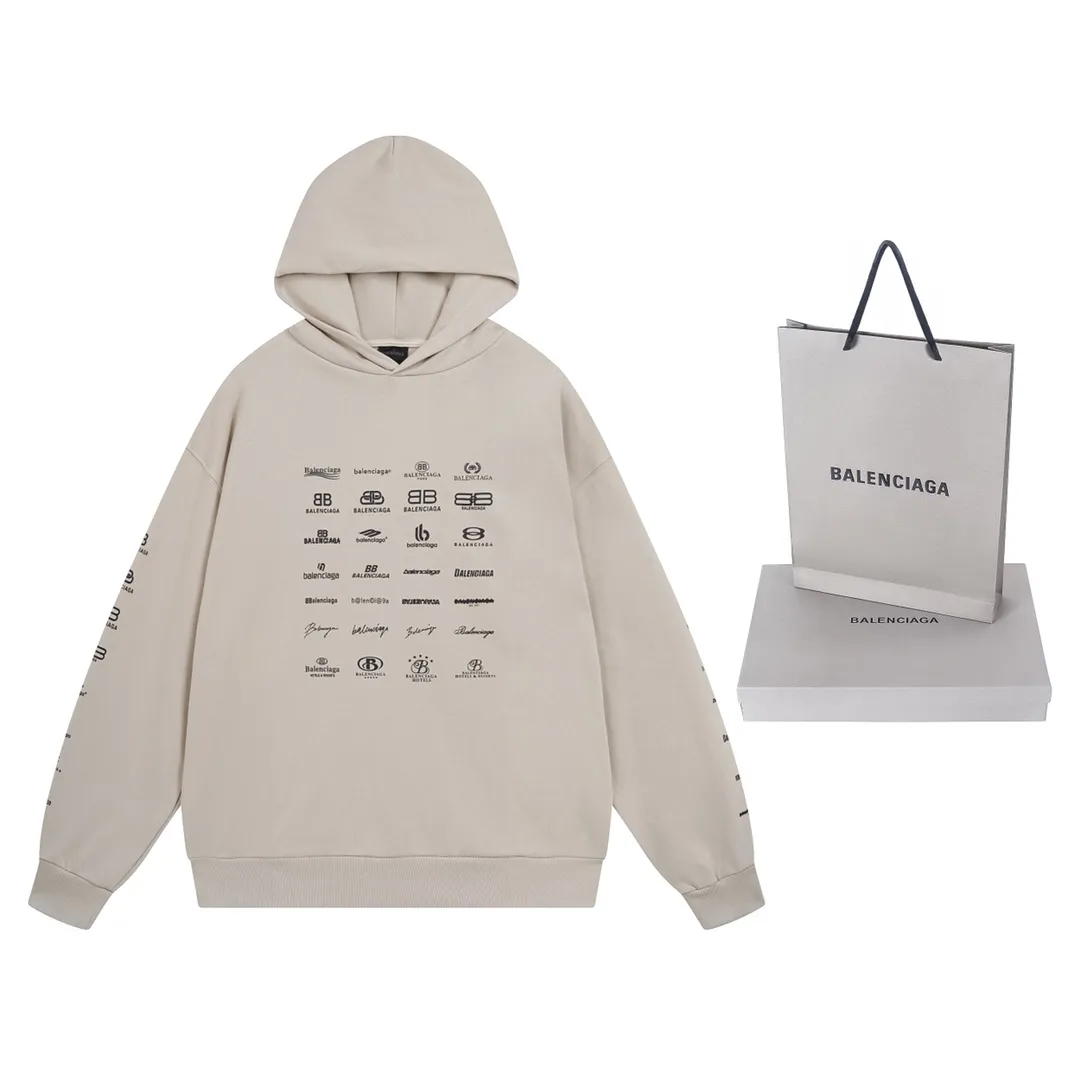 🅿️300 Detailed picture [Top version. Official website quality] BALENCI*GA/Paris BALENCI*GA#2023 spring and summer new style, long-sleeved sweatshirt with classic LOGO printed all over it. 2023 autumn and winter new product. Brick cabinet synchronization. The fabric is made of Paris ZP custom-woven and dyed cotton double yarn sweatshirt. The weight is 450 grams, the cloth surface is clean. The cloth texture is clear. Soft and comfortable. Good color fastness. Not easy to change color. The threads are woven and dyed with no color difference. The printing uses imported environmentally friendly rubber paddles, precision stencils, fine LOGO letters, clear letters, no burrs, and a three-dimensional effect. Restore brick cabinet. The version adopts OS loose shoulder style. Same style for men and women. Code: BL238002 Color: black, beige, pink, smoke gray. Size: XS S M L