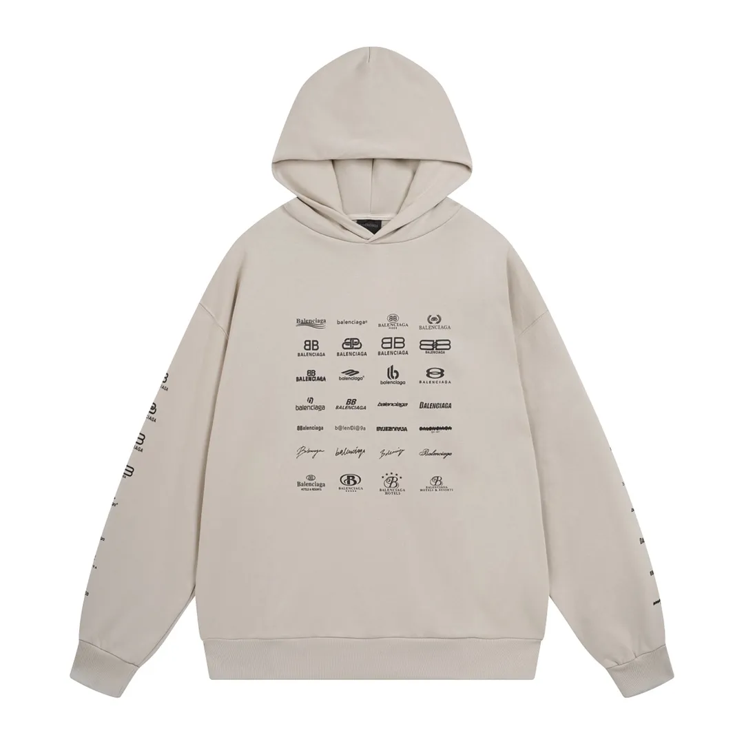 🅿️300 Detailed picture [Top version. Official website quality] BALENCI*GA/Paris BALENCI*GA#2023 spring and summer new style, long-sleeved sweatshirt with classic LOGO printed all over it. 2023 autumn and winter new product. Brick cabinet synchronization. The fabric is made of Paris ZP custom-woven and dyed cotton double yarn sweatshirt. The weight is 450 grams, the cloth surface is clean. The cloth texture is clear. Soft and comfortable. Good color fastness. Not easy to change color. The threads are woven and dyed with no color difference. The printing uses imported environmentally friendly rubber paddles, precision stencils, fine LOGO letters, clear letters, no burrs, and a three-dimensional effect. Restore brick cabinet. The version adopts OS loose shoulder style. Same style for men and women. Code: BL238002 Color: black, beige, pink, smoke gray. Size: XS S M L