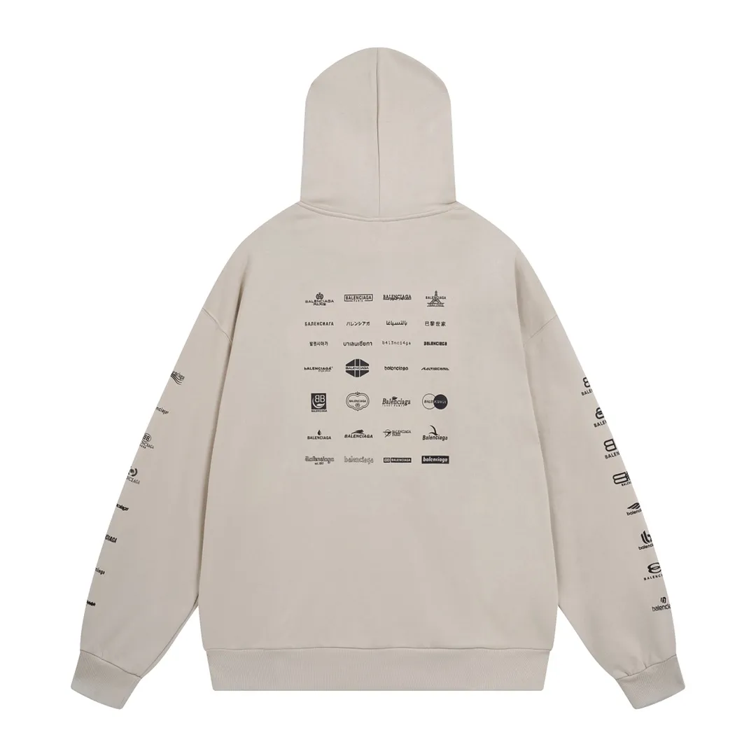 🅿️300 Detailed picture [Top version. Official website quality] BALENCI*GA/Paris BALENCI*GA#2023 spring and summer new style, long-sleeved sweatshirt with classic LOGO printed all over it. 2023 autumn and winter new product. Brick cabinet synchronization. The fabric is made of Paris ZP custom-woven and dyed cotton double yarn sweatshirt. The weight is 450 grams, the cloth surface is clean. The cloth texture is clear. Soft and comfortable. Good color fastness. Not easy to change color. The threads are woven and dyed with no color difference. The printing uses imported environmentally friendly rubber paddles, precision stencils, fine LOGO letters, clear letters, no burrs, and a three-dimensional effect. Restore brick cabinet. The version adopts OS loose shoulder style. Same style for men and women. Code: BL238002 Color: black, beige, pink, smoke gray. Size: XS S M L