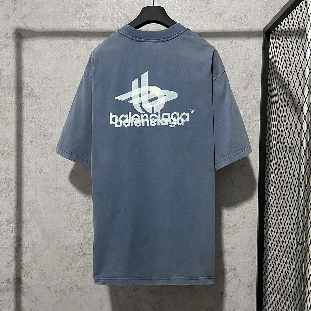 🅿️170 9115# Actual photo top version [[BALENCIA*GA] official website quality Paris new phantom double LOGO printed short-sleeved T-shirt OS version loose dropped shoulders Unisex style Fabric: 260g 100% cotton double yarn Process: front and back printing Garment wash Distressed solid color Color: washed blue Size: XS S M L