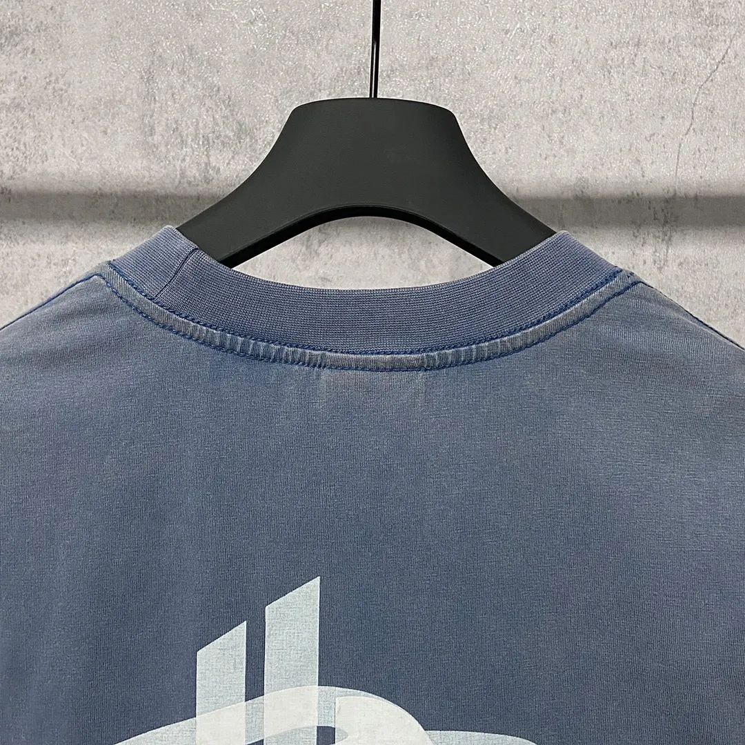 🅿️170 9115# Actual photo top version [[BALENCIA*GA] official website quality Paris new phantom double LOGO printed short-sleeved T-shirt OS version loose dropped shoulders Unisex style Fabric: 260g 100% cotton double yarn Process: front and back printing Garment wash Distressed solid color Color: washed blue Size: XS S M L