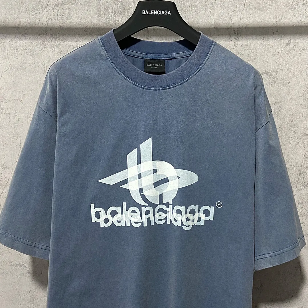 🅿️170 9115# Actual photo top version [[BALENCIA*GA] official website quality Paris new phantom double LOGO printed short-sleeved T-shirt OS version loose dropped shoulders Unisex style Fabric: 260g 100% cotton double yarn Process: front and back printing Garment wash Distressed solid color Color: washed blue Size: XS S M L
