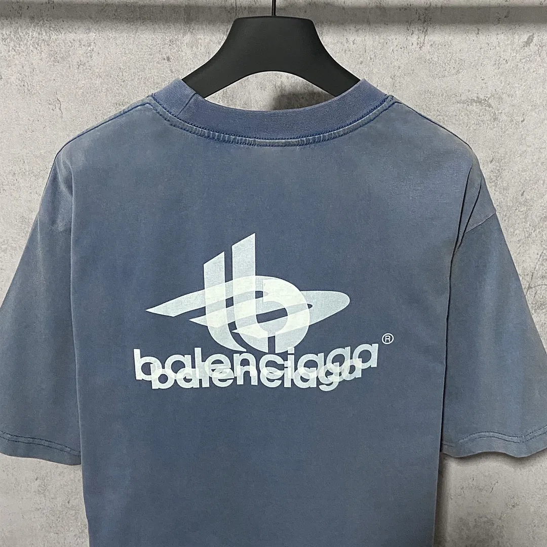 🅿️170 9115# Actual photo top version [[BALENCIA*GA] official website quality Paris new phantom double LOGO printed short-sleeved T-shirt OS version loose dropped shoulders Unisex style Fabric: 260g 100% cotton double yarn Process: front and back printing Garment wash Distressed solid color Color: washed blue Size: XS S M L