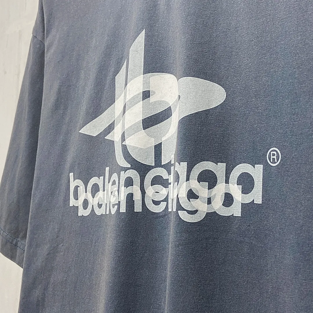🅿️170 9115# Actual photo top version [[BALENCIA*GA] official website quality Paris new phantom double LOGO printed short-sleeved T-shirt OS version loose dropped shoulders Unisex style Fabric: 260g 100% cotton double yarn Process: front and back printing Garment wash Distressed solid color Color: washed blue Size: XS S M L