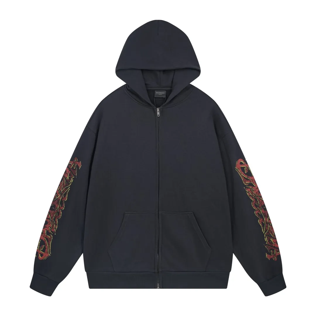 🅿️370 Detailed Picture [Top version. Official website quality] BALENCI*GA/Paris. 2024 latest flame graffiti direct-printed long-sleeved hooded zipper cardigan sweatshirt. Brick cabinet synchronization. ⚠️Difference market currency. YB development. The fabric is made of Paris ZP custom-woven and dyed 100% cotton double yarn compact cotton. The weight is 260 grams, the cloth surface is clean. The cloth pattern is clear, soft and comfortable. The threads are dyed with no color difference. The front and back printing adopts Kornit direct-injection printing pattern and adopts OS loose shoulder-dropping pattern. Same style for men and women. Code: BL238056 Color: dark gray blue. Pink Size: XS S M L
