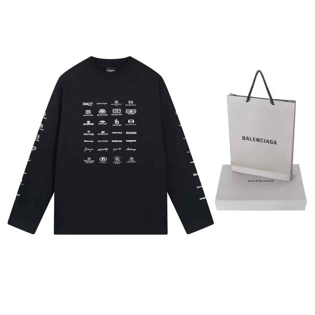 🅿️200 real photos [Top version. Official website quality] BALENCI*GA/Paris BALENCI*GA# 2024 spring and summer new style, printed with classic LOGO collection long-sleeved T-shirt. 2024 spring and summer new product. Brick cabinet synchronization. Welcome to compare. The fabric is made of Paris ZP custom-woven and dyed 100% cotton double yarn compact cotton. The weight is 260 grams, the cloth surface is clean, the cloth texture is clear, soft and comfortable. The color fastness is good. It is not easy to change color. The threads are woven and dyed with no color difference. The printing uses imported environmentally friendly rubber paddles, precision stencils, fine LOGO letters, clear letters, no burrs, and a three-dimensional effect. Restore brick cabinet. The version adopts OS loose shoulder style. Same style for men and women. Code: BL225005 Color: black, beige, pink, smoky gray, white Size: XS S M L