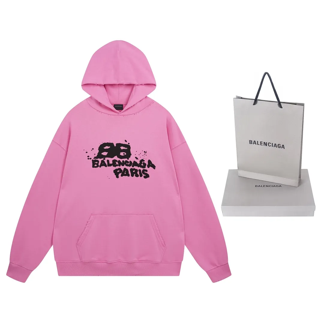 🅿️300 Detailed picture [Top version. Official website quality] BALENCI*GA/Paris BALENCI*GA#BB hand-painted graffiti long-sleeved hooded sweatshirt. 2023 autumn and winter new products. Brick cabinet synchronization. The fabric is made of Paris ZP custom-woven and dyed cotton double-yarn David sweatshirt. The weight is 450 grams, the cloth surface is clean. The cloth pattern is clear. Soft and comfortable. Good color fastness. Not easy to change color. The threads are woven and dyed with no color difference. The printing uses a round machine hand-painted effect. No burrs. The color follows the original board. The whole piece of clothing is hand-made and worn. The brick cabinet is restored. The version adopts the OS loose shoulder style. Same style for men and women. Coding: BL238018 Color: black, white, gray blue, pink Size: XS S M L