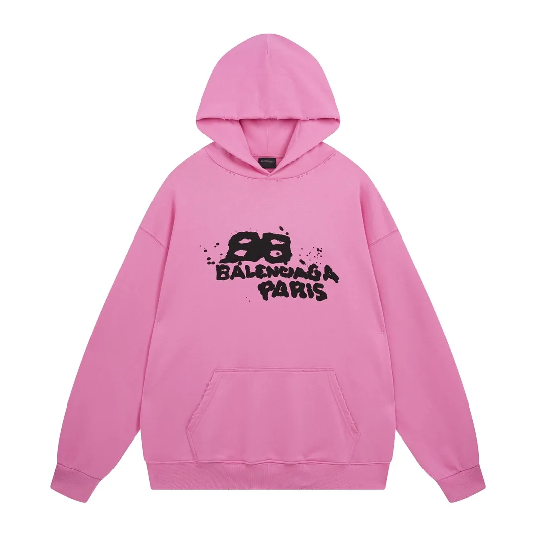 🅿️300 Detailed picture [Top version. Official website quality] BALENCI*GA/Paris BALENCI*GA#BB hand-painted graffiti long-sleeved hooded sweatshirt. 2023 autumn and winter new products. Brick cabinet synchronization. The fabric is made of Paris ZP custom-woven and dyed cotton double-yarn David sweatshirt. The weight is 450 grams, the cloth surface is clean. The cloth pattern is clear. Soft and comfortable. Good color fastness. Not easy to change color. The threads are woven and dyed with no color difference. The printing uses a round machine hand-painted effect. No burrs. The color follows the original board. The whole piece of clothing is hand-made and worn. The brick cabinet is restored. The version adopts the OS loose shoulder style. Same style for men and women. Coding: BL238018 Color: black, white, gray blue, pink Size: XS S M L