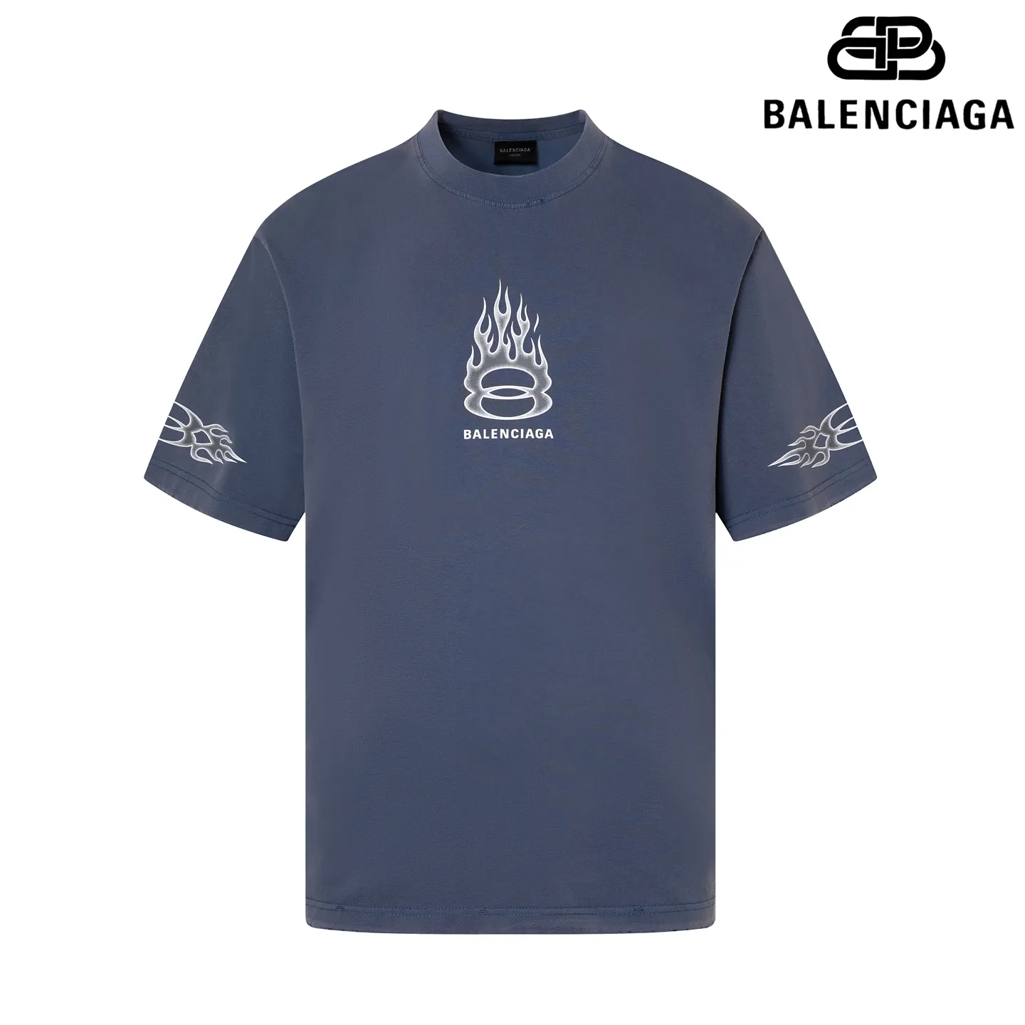 🅿️190 9145# Detailed picture Top version [[BALENCIA*GA] official website quality Paris new double-ring flame torch direct injection printed washed and distressed short-sleeved T-shirt OS version Loose dropped shoulders Unisex fabric: 260 grams 100% cotton double yarn Process: front and rear panels left and right sleeve printing Garment washed worn distressed fixed color Color: washed black washed blue Size: XS S M L