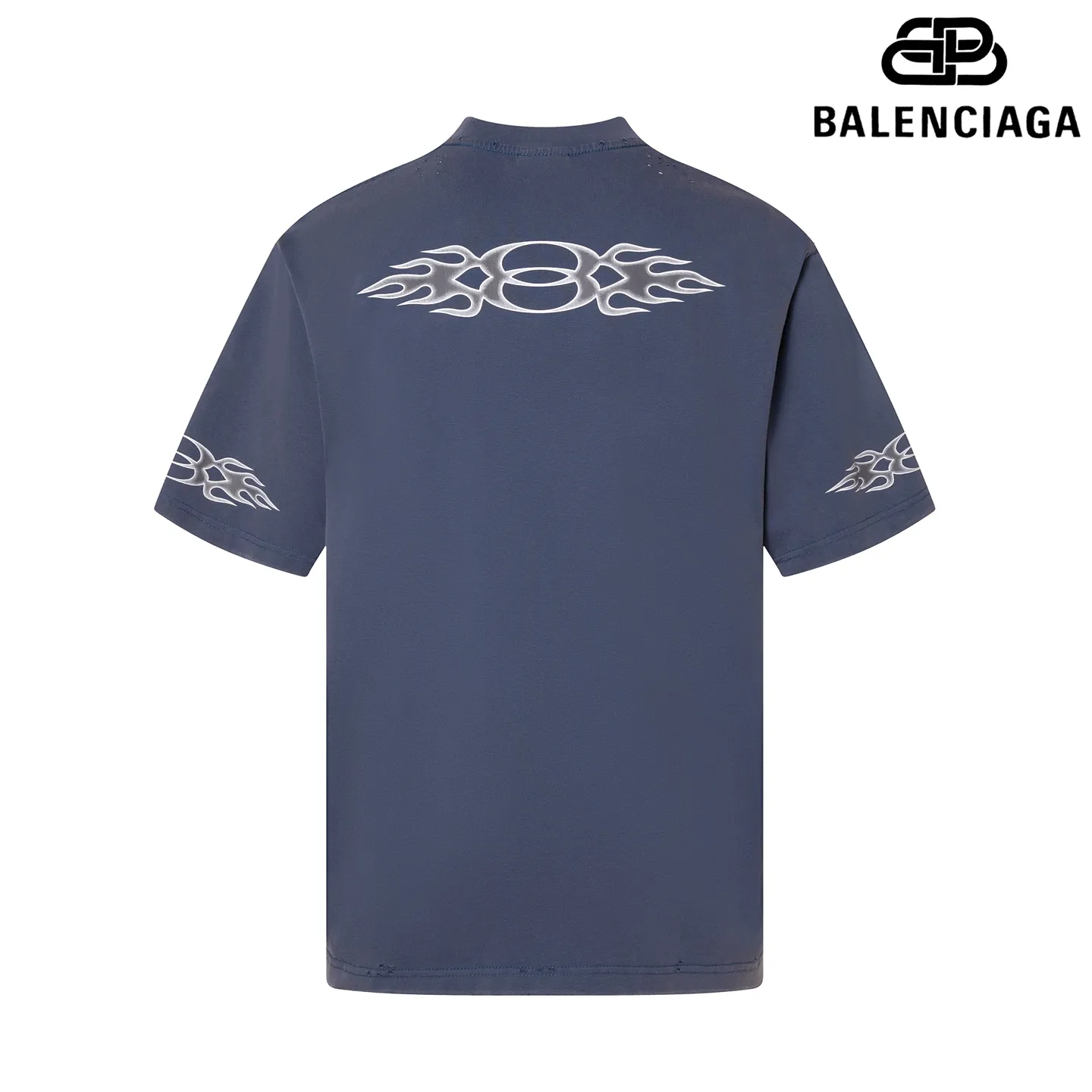 🅿️190 9145# Detailed picture Top version [[BALENCIA*GA] official website quality Paris new double-ring flame torch direct injection printed washed and distressed short-sleeved T-shirt OS version Loose dropped shoulders Unisex fabric: 260 grams 100% cotton double yarn Process: front and rear panels left and right sleeve printing Garment washed worn distressed fixed color Color: washed black washed blue Size: XS S M L