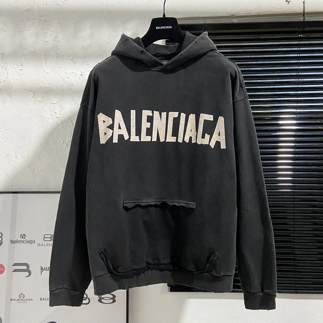 🅿️330 7153# Actual pictures Top version [BALENCIA*GA] Official website quality Paris's new yellow tape series hooded sweatshirt OS version Loose dropped shoulders Unisex style Fabric: 480g 100% cotton terry sweatshirt Technology: Front and back digital direct printing Garment wash Worn Old Shape Solid color Color: Washed black Gray blue Washed blue Size: XS S M L