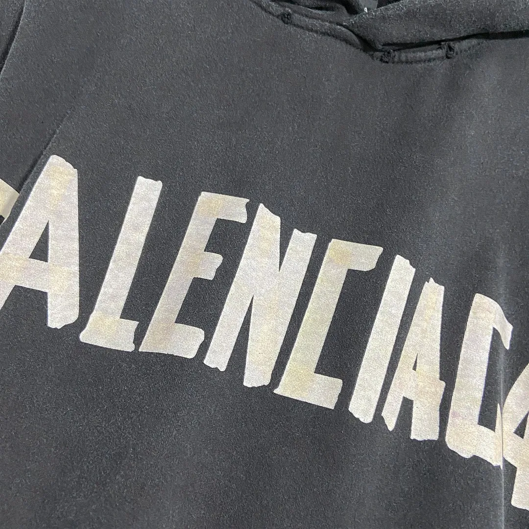 🅿️330 7153# Actual pictures Top version [BALENCIA*GA] Official website quality Paris's new yellow tape series hooded sweatshirt OS version Loose dropped shoulders Unisex style Fabric: 480g 100% cotton terry sweatshirt Technology: Front and back digital direct printing Garment wash Worn Old Shape Solid color Color: Washed black Gray blue Washed blue Size: XS S M L
