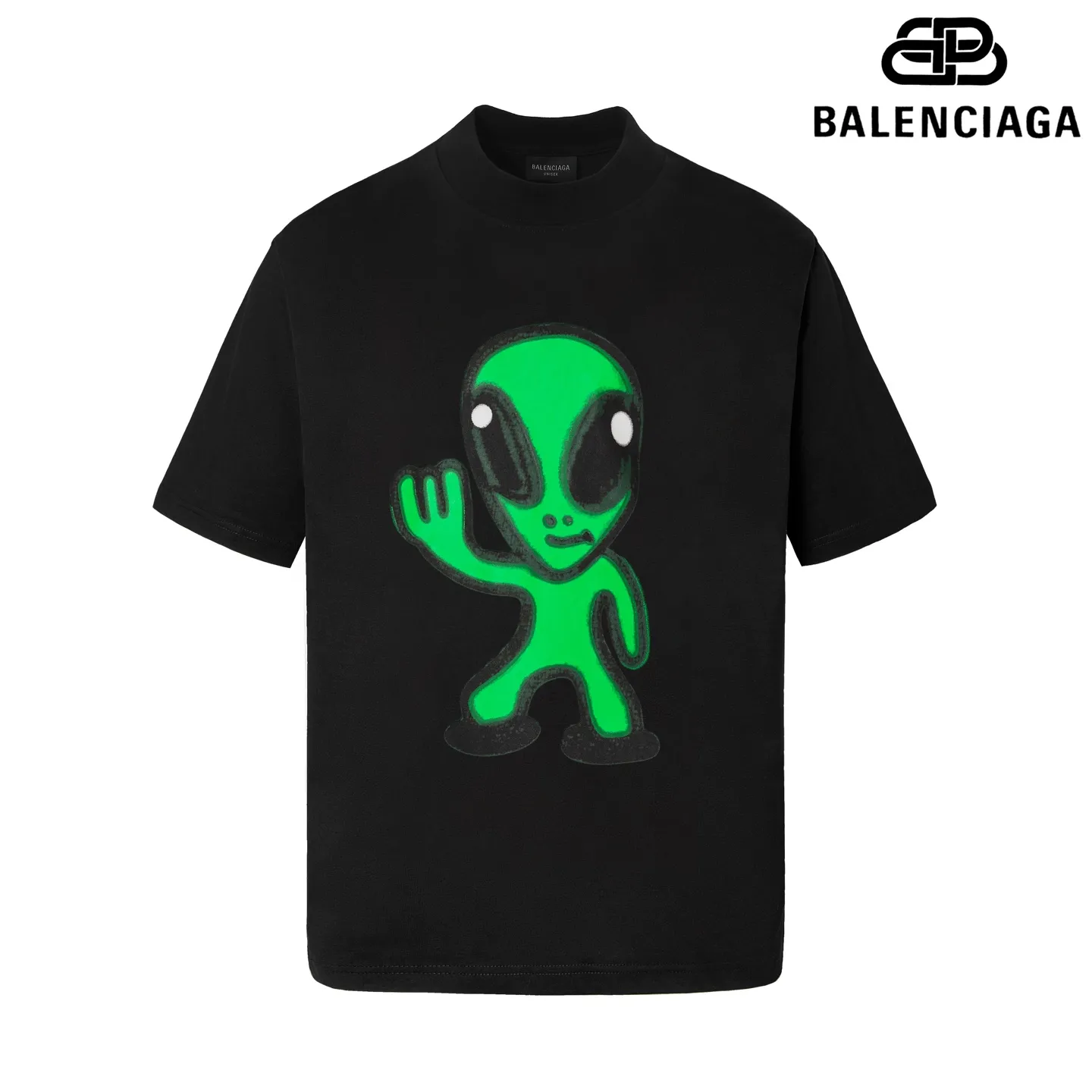 🅿️180 9196# Detailed picture Top version [[BALENCIA*GA] official website quality Paris new front panel alien back panel smiley face printed luminous effect short-sleeved T-shirt OS version loose dropped shoulders Unisex fabric: 260 grams 100% cotton double yarn Technology: front and rear digital direct injection Right sleeve embroidery Garment wash Shape solid color Color: black off-white floral gray Size: XS S M L