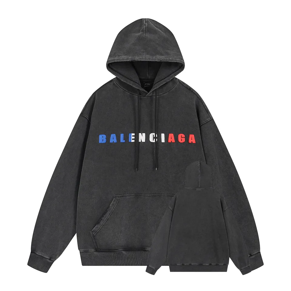 🅿️370 - BALENCI*GA Paris colorful foam logo hooded long-sleeved sweatshirt. The front pattern is printed with environmentally friendly foam glue. The ready-made garments are washed and worn. Customized matching hardware. The letters are clear. The effect is three-dimensional. Exclusively matched to the pattern, woven and dyed 460g fabric. Threads are dyed in the same cylinder with zero color difference. Brick cabinet synchronization. Welcome to compare. Same style for men and women -Color: washed black, flower gray -SIZE: Xs S M L Style number 8973#