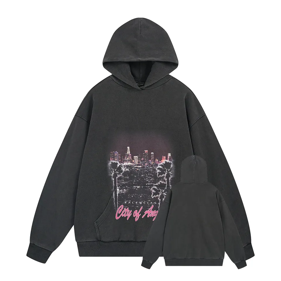 🅿️390 BALENCI*GA Paris Los Angeles night view hooded long-sleeved sweatshirt. The front pattern is directly sprayed by computer. The ready-made clothes are washed and aged. The letters are clear. The effect is three-dimensional. Exclusively woven and dyed 460g fabric. Threads are dyed in the same vat with zero color difference. Brick cabinet synchronization. Welcome to compare. Same style for men and women -Color: washed black, apricot -SIZE: Xs S M L style number 8966#