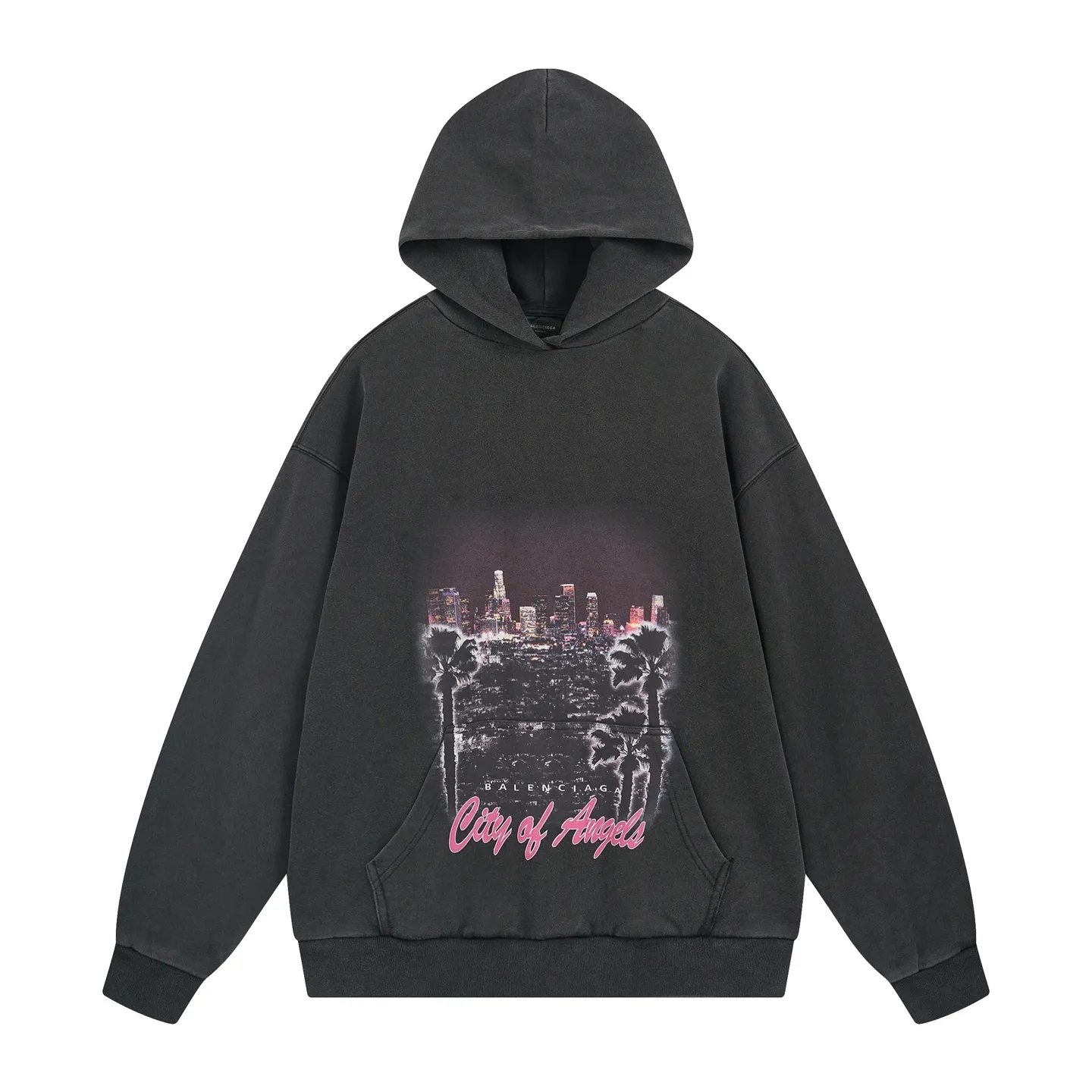 🅿️390 BALENCI*GA Paris Los Angeles night view hooded long-sleeved sweatshirt. The front pattern is directly sprayed by computer. The ready-made clothes are washed and aged. The letters are clear. The effect is three-dimensional. Exclusively woven and dyed 460g fabric. Threads are dyed in the same vat with zero color difference. Brick cabinet synchronization. Welcome to compare. Same style for men and women -Color: washed black, apricot -SIZE: Xs S M L style number 8966#