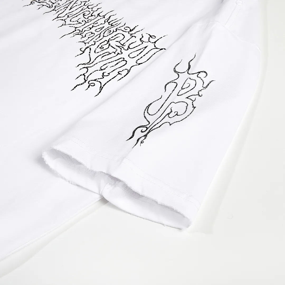 🅿️160 9123# Detailed picture Top version [[BALENCIA*GA] official website quality Paris new flame letters Sanskrit thunder LOGO destruction short-sleeved T-shirt OS version loose dropped shoulders Unisex style Fabric: 260 grams 100% cotton double yarn Technology: front and rear left and right sleeve printing Garment wash worn distressed fixed color Color: white Size: XS S M L