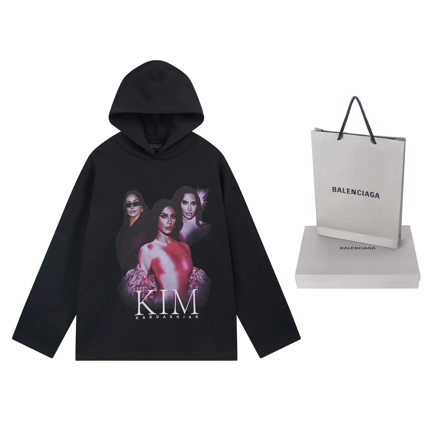 🅿️340 real shots [Top version. Official website quality] BALENCI*GA/25 new model. The front is directly printed with Kardashian's portrait art work, the back is printed with artistic signature, and the right sleeve is embroidered with English frayed distressed hooded sweatshirt, the latest SS25 autumn and winter style. Research and development at the first time, different market currencies. Comparisons welcome. The fabric is made of Paris ZP custom-woven and dyed cotton sweatshirt, with a weight of 460 grams. The cloth surface is clean. The cloth pattern is clear, soft and comfortable. Printing adopts computer direct printing. The garments are washed and worn to make them look old. Jubie market currency. Welcome to compare. The version adopts OS loose shoulder design. Same style for men and women. Code: BL259937 Color: Black Size: XS S M L